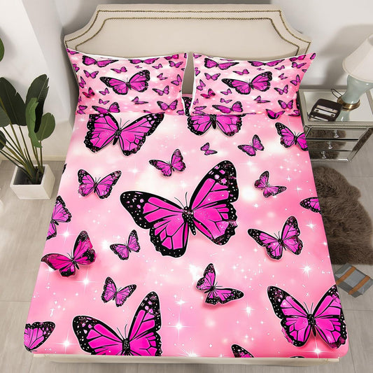Feelyou Boys Girls Butterfly Bed Sheet Set Full Size, Valentine's Day Bedding Set Glitter Fitted Sheet Kids Romantic Teens Bed Cover Bedroom Decor Bed Set 3Pcs (No Flat Sheet)