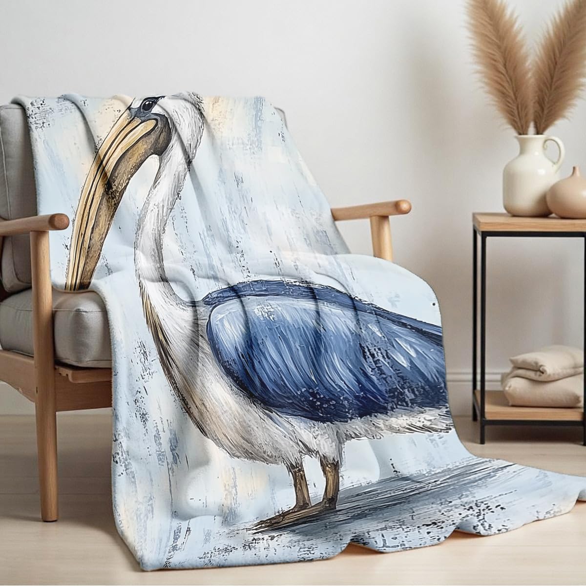 HUNXIAOJ Pelican Throw Blanket for Couch Bed Coastal Bird Print Flannel Blanket Soft Warm Beach Themed Animal Throw for Bedroom Home Decor Pelican Gifts (49"x59")