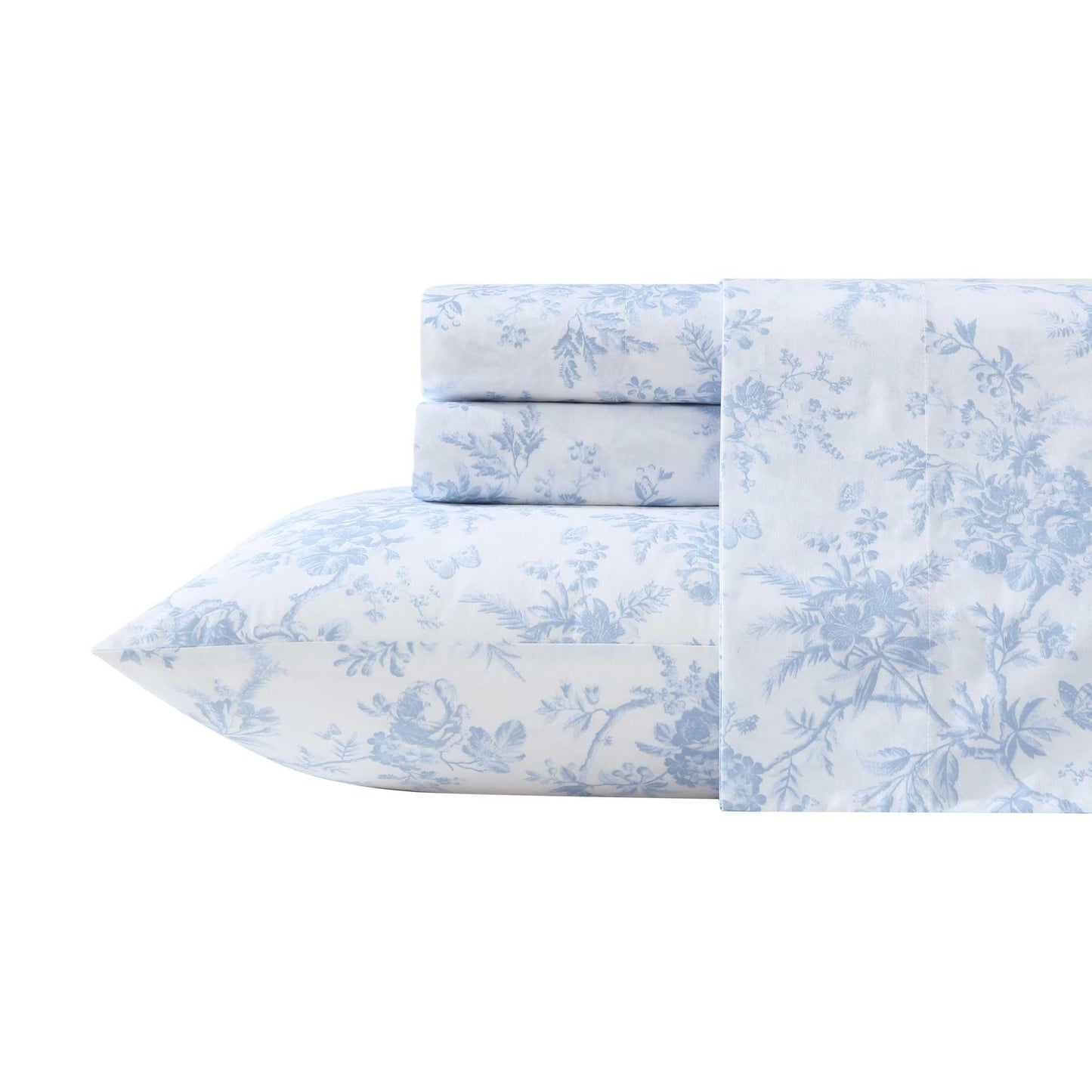 Laura Ashley – Twin Size Sheet Set, Crisp & Lightweight Cotton Percale Bedding with Fitted Sheet and Pillowcase, Floral Room Decor, Deep Pocket, College Dorm Room Essentials (Walled Garden Blue)