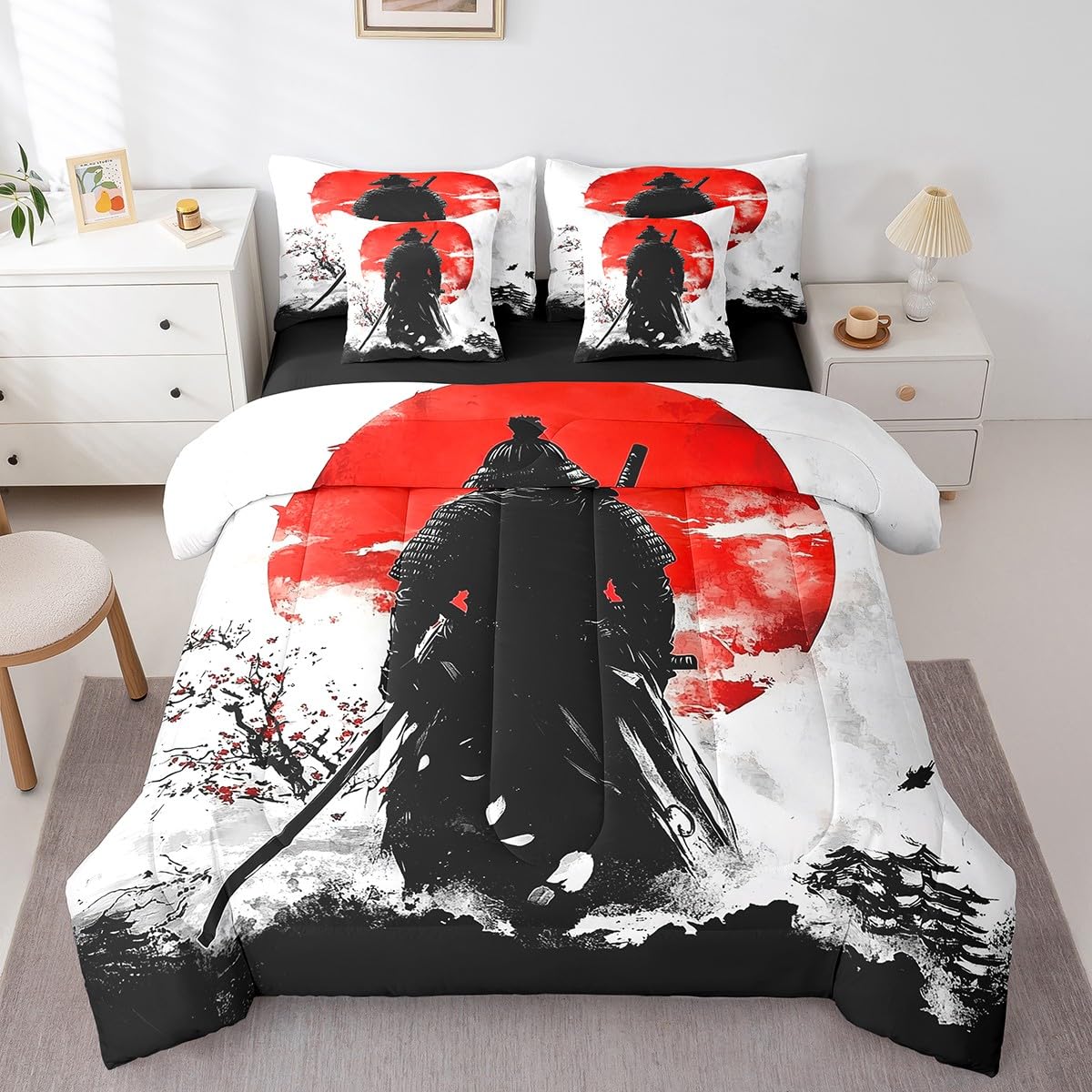 Erosebridal Japanese Samurai Comforter Set Twin,Samurai Ukiyoe Bedding Set 7Pcs,Cherry Blossom Bed in a Bag,Black Red Sun Quilt