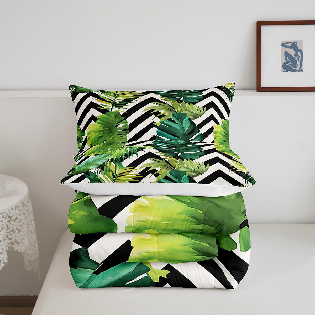 jejeloiu Tropical Leaves Bedding Set Full Size Kids Black White Striped Comforter for Boys Girls Leaf Pattern Comforter Set Botanical Duvet Set Room Decorations Quilt Set