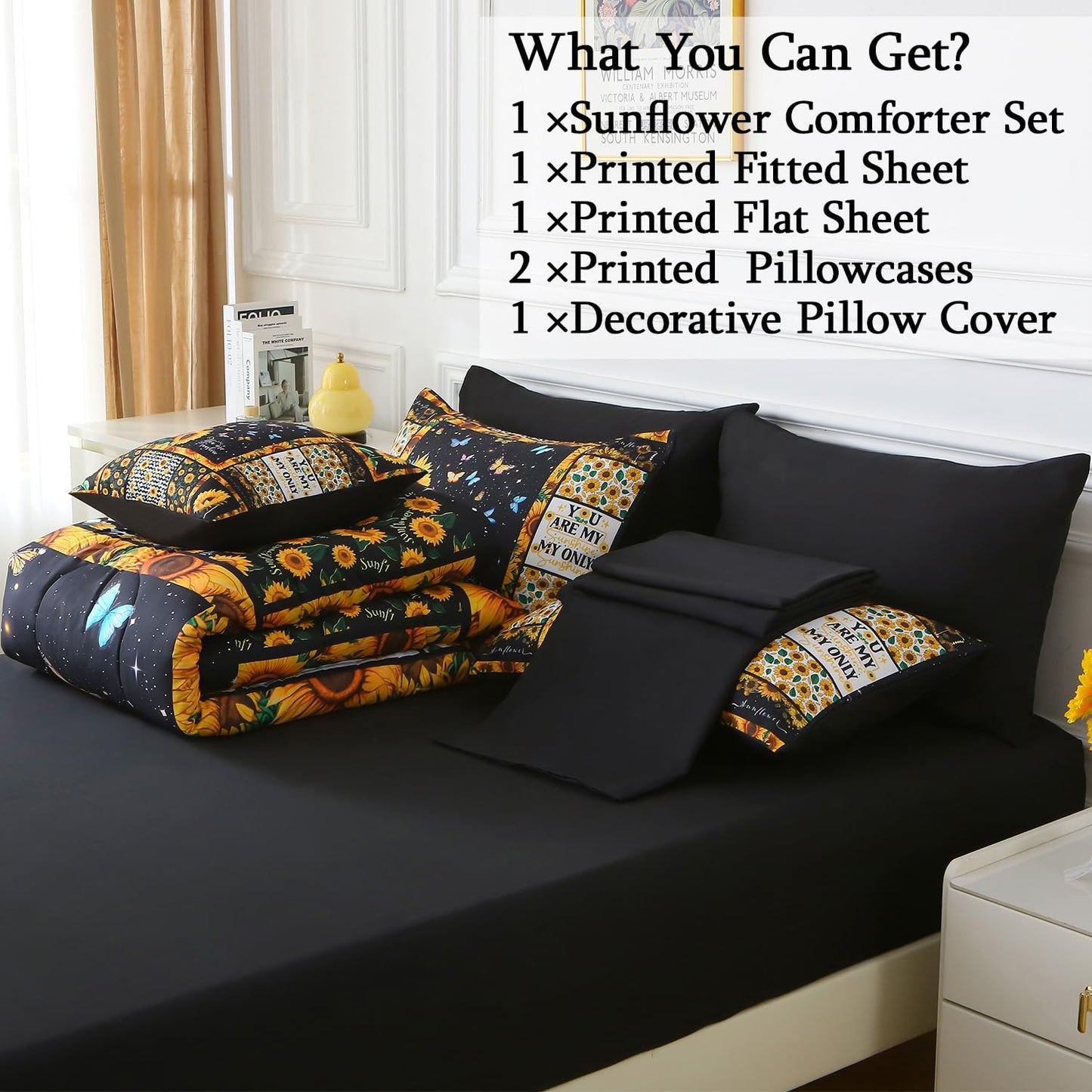JQinHome Sunflower Comforter Set Twin for Girls Women,6 Piece Bed in A Bag 3D Black Sunflower Theme Butterfly Bedding Set with Sheet Set(Black)