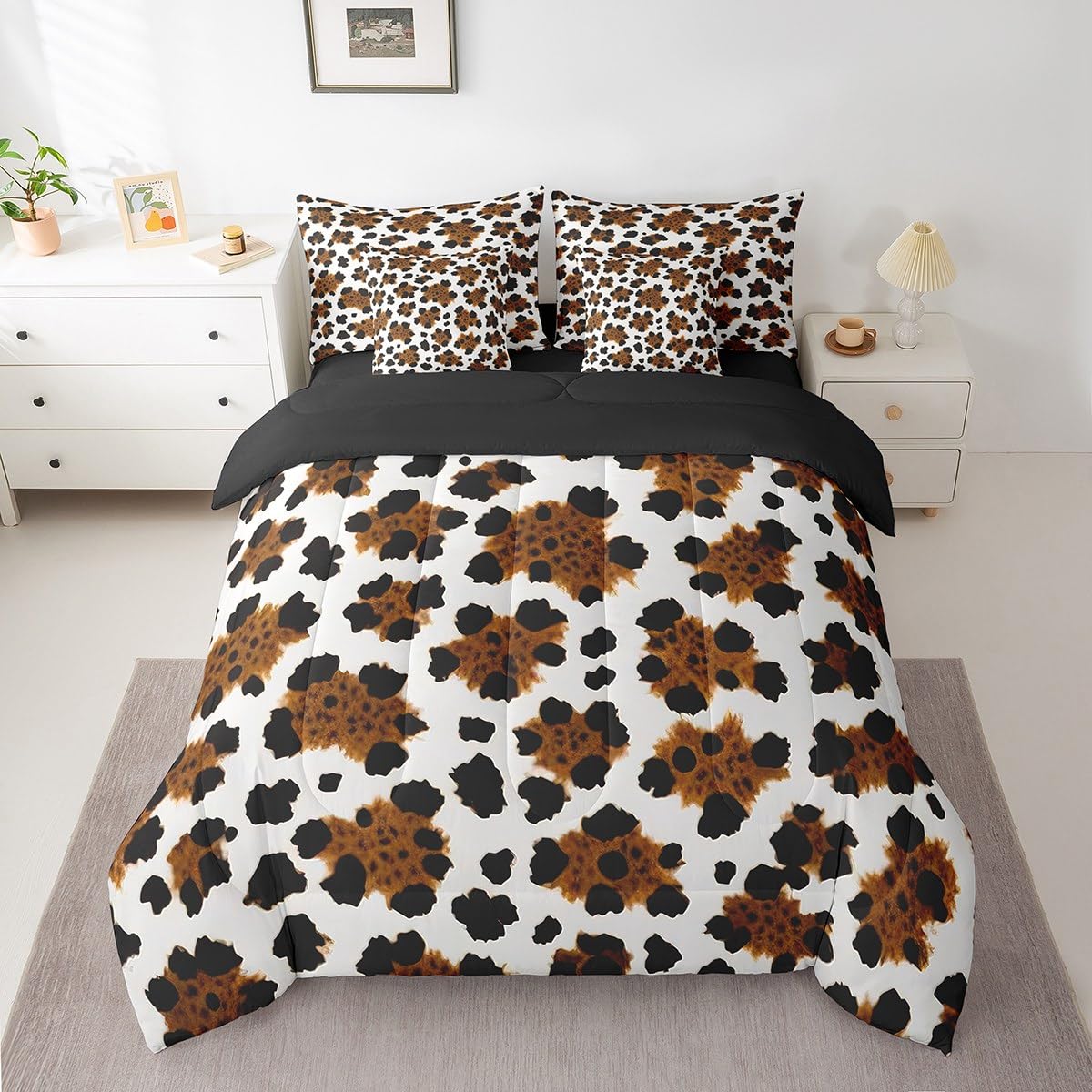 Erosebridal Brown Cowhide Teens Comforter Set 7 Piece Black White Cow Skin Bedding Set Twin Size Western Farmhouse Bed in A Bag for Kids Boys Adult Bedroom Rustic Animal Fur Sheets