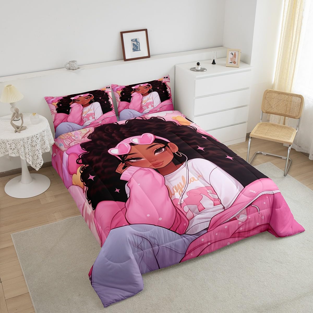 Manfei Little Girl Kids Comforter Set Full Size,Glitter Stars Wave Points Romantic Bedding Set,Girls Women Room Decor,Afro American Black Princess Girls Down Comforter,Pink Duvet Insert,2 Pillowcases