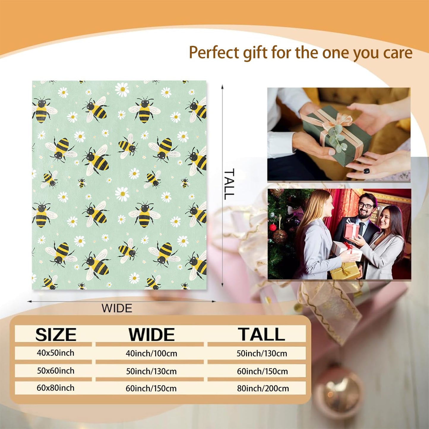 Bee and Daisy Theme Blanket Gifts for Women Girls, Soft Warm Lightweight Flannel Throw Blankets for Living Room Home Sofa Travel Decor 50" x 60"