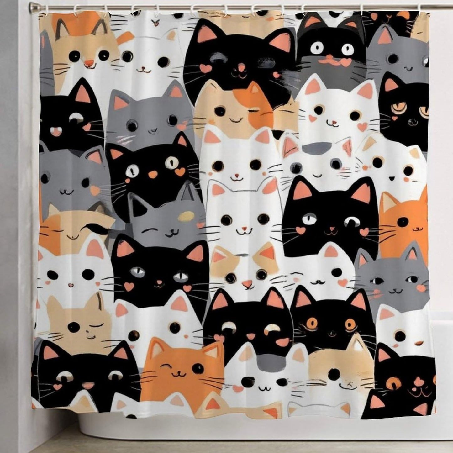 Meaudiwes Shower Curtain Set, Cute Cat Kitten Head Cartoon Cats Bathroom Decoration with Curtain Hooks, 72"x 70"