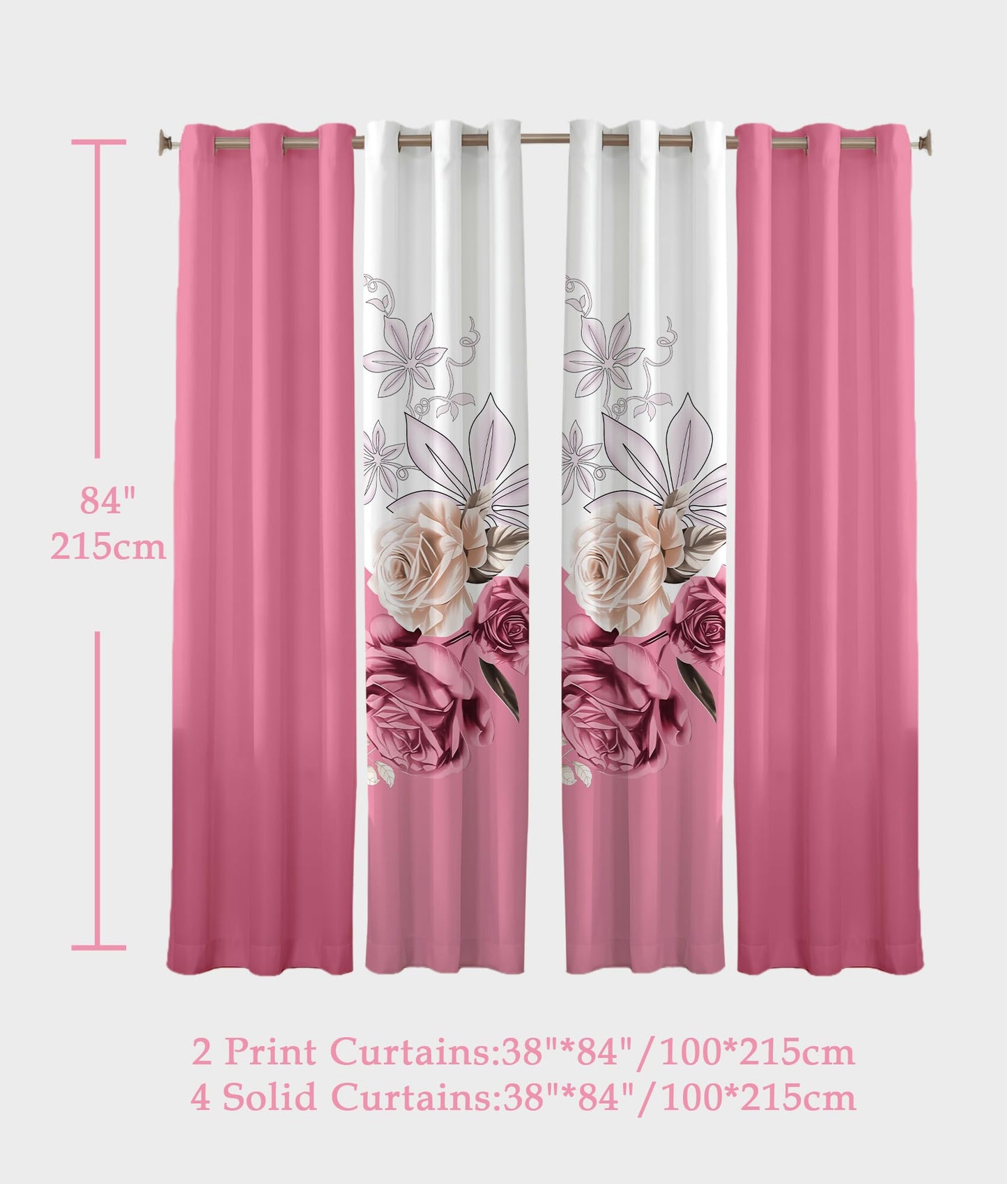 Reylox Pink Rose Floral Curtains with Grommets, 6 Pcs Set (2 Print Curtains, 4 Solid Curtains, 38"x84"), Patterned Decorative Curtains for Bedroom, Machine Washable Elegant Curtains