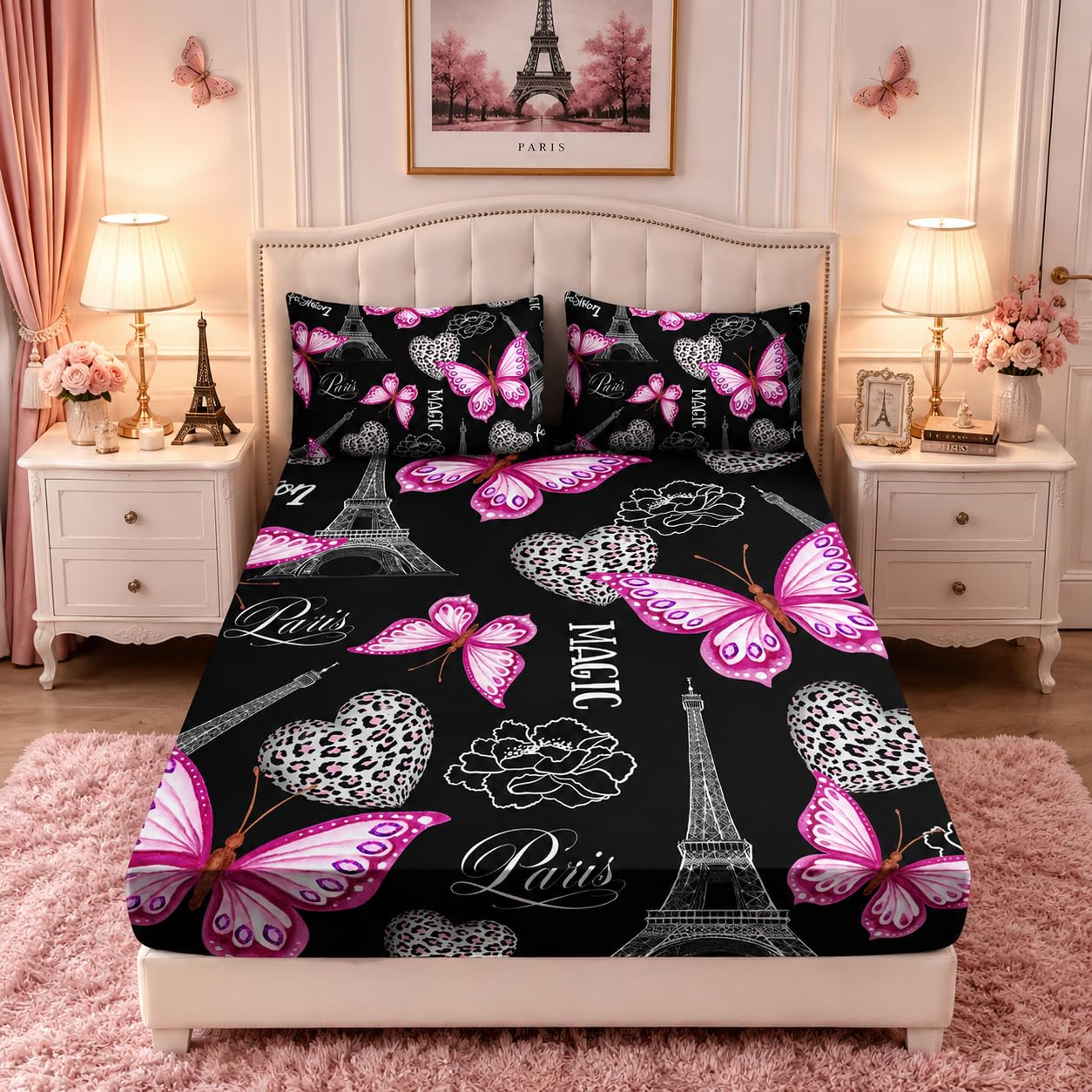 UEVBF Pink Butterfly Fitted Sheets Twin Bed Sets for Girls,Eiffel Tower Leopard Heart Pattern Bedding Sets with 2 Pillowcases,Women Girls Bedding Floral Fitted Sheet for Bedroom Paris Decor.
