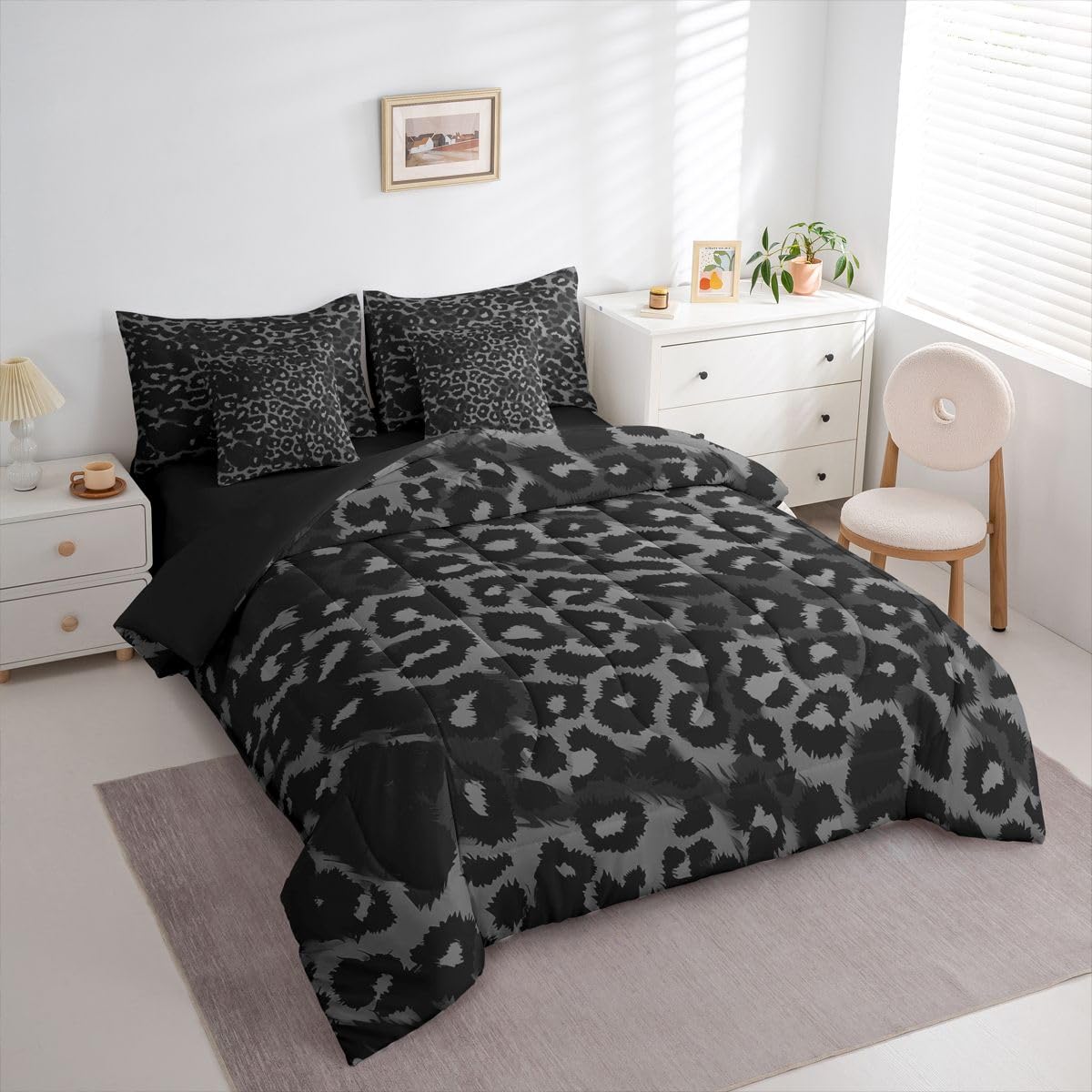 Erosebridal Black Leopard Comforter Set 7 Piece King Size Cheetah Decor Bedding Set for Boys Women Adult Teens Kid African Safari Animal Bed in A Bag Cheetah Wildlife Sheet Sets