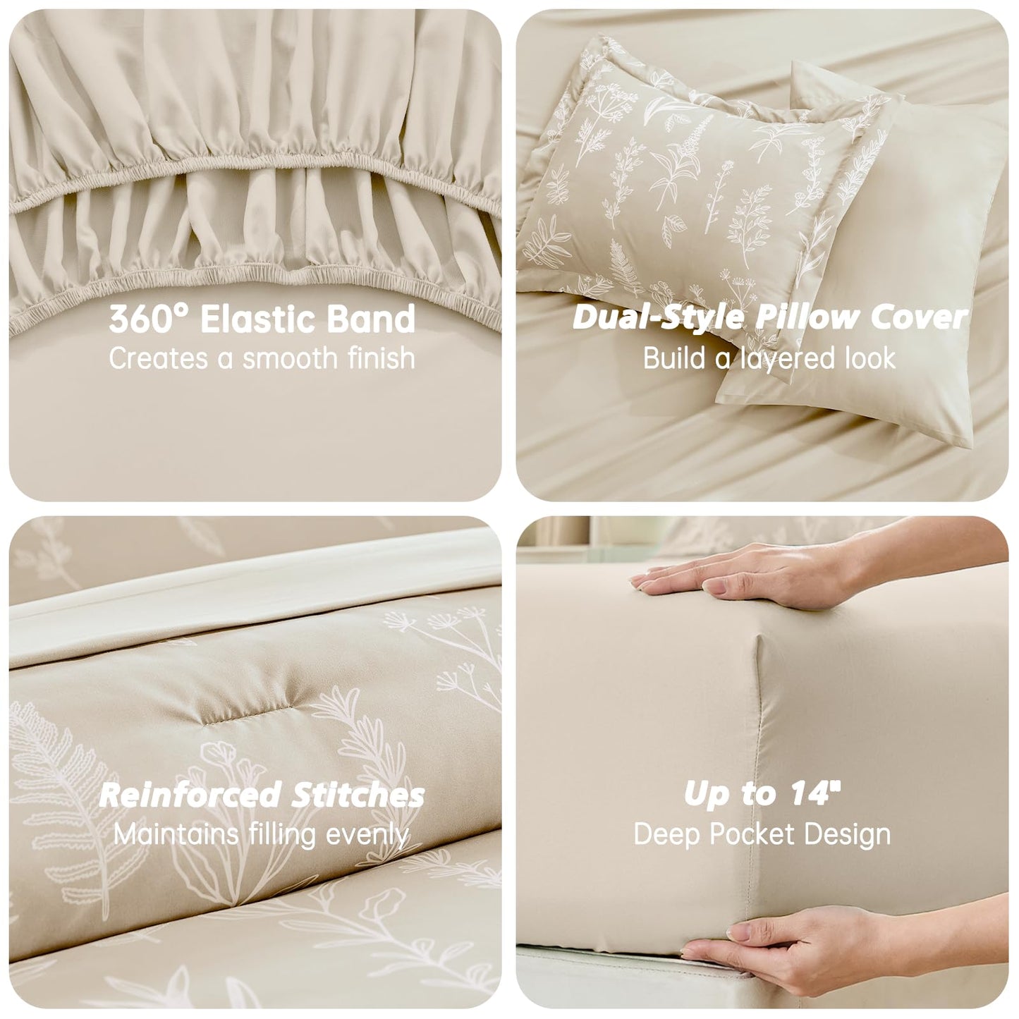 MUXHOMO Beige Bed in a Bag Queen 7 Pieces, Queen Comforter Set Reversible Botanical Flowers Design, Ultra Soft & Breathable Bedding Sets with Comforter, Sheets, Pillowcases & Shams