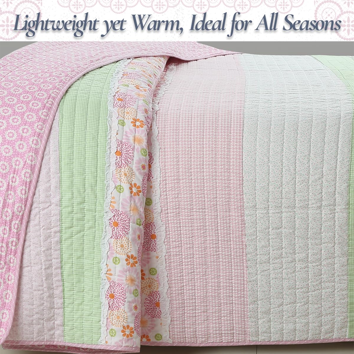 Cozy Line Home Fashions Pink Floral Quilt Set – 100% Cotton Reversible Bedding, Lightweight All-Season Bedspread Coverlet for Girls Kids Room, Queen Size