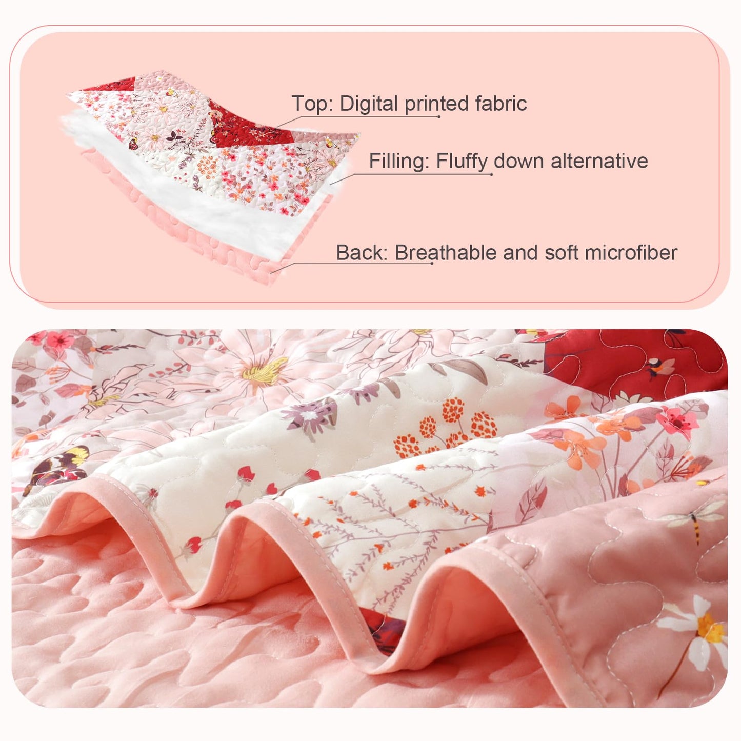 Whale Flotilla Patchwork Quilt King Size, Extra Soft Boho Floral Bedspreads for Bed Reversible Lightweight King Quilt Bedding Set Printed Coverlets with 2 Pillow Shams for All Seasons, Red