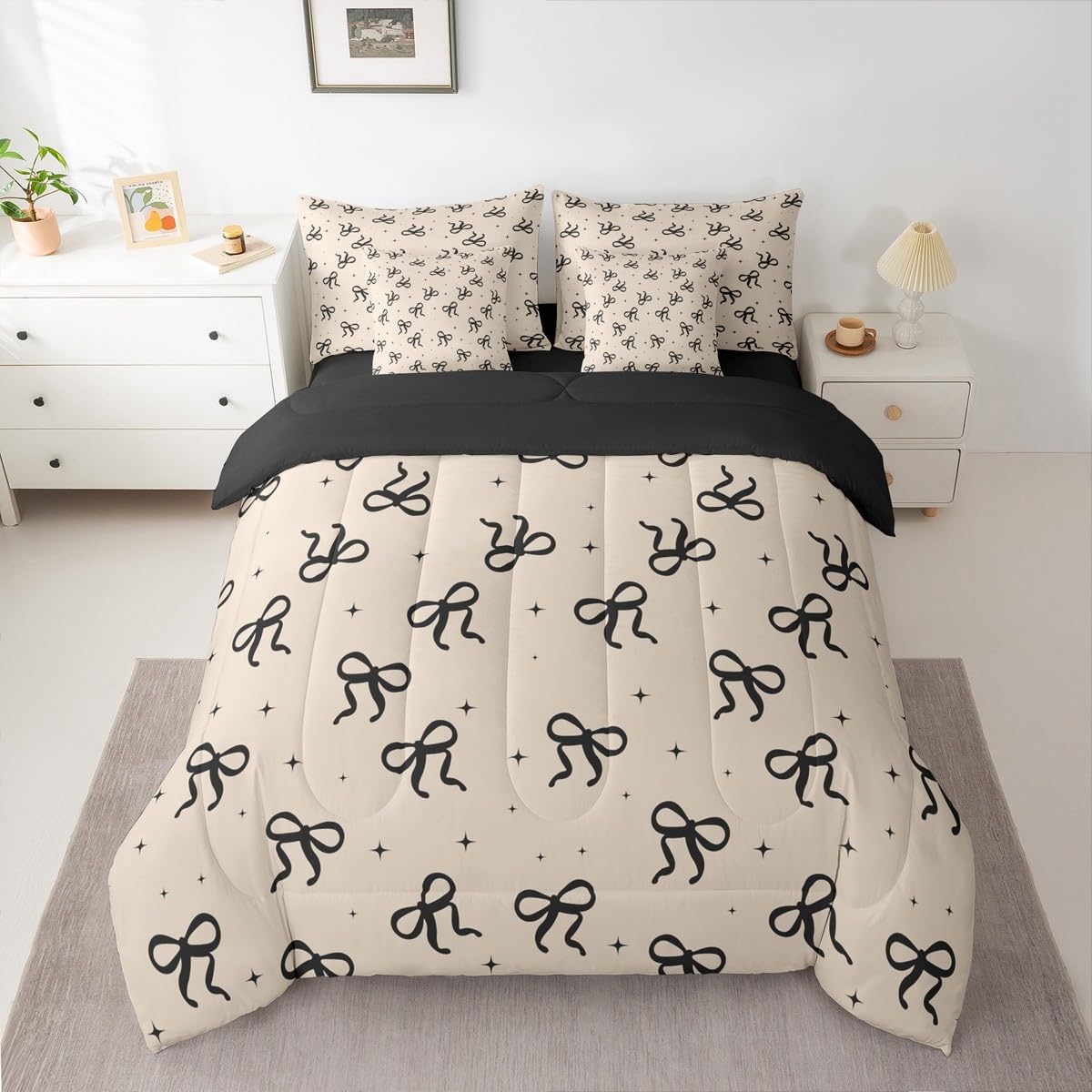 Erosebridal Black and Beige Bow Bedding Set 7-Piece for Girls Women Coquette Modern Fashion Twin Size Comforter Set with Sheets Preppy Aesthetic Girly Bow Bed in A Bag for Kids Teens Adults