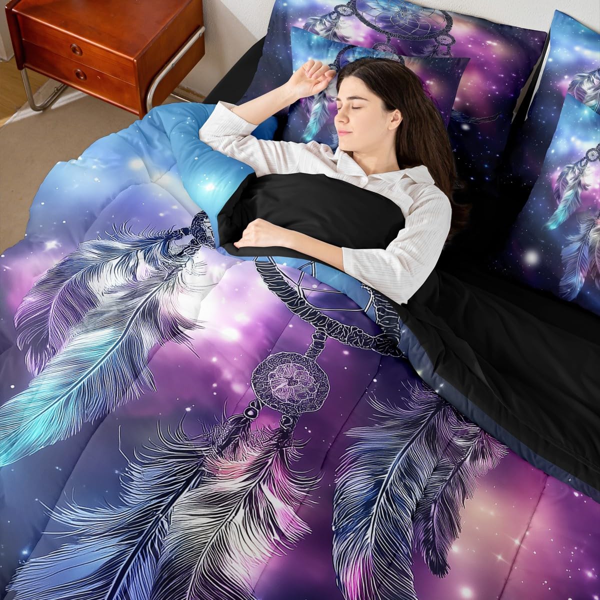 Erosebridal Dream Catcher Full Comforter Set, Nebula 7-Piece Bed in A Bag, Purple Feather Sheets and Pillowcases, Galaxy Starry Sky Bed Sets