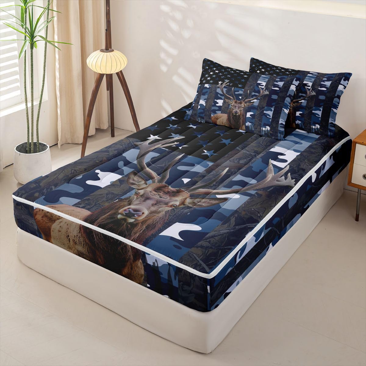 jejeloiu Deer Hunting Camo Comforter Set Twin Size Zipper Bedding Set for Girls Boys Rustic Western Deer Comforter with Fitted Sheet, Pillowcases American Flag Zipper Bedding Soft Breathable