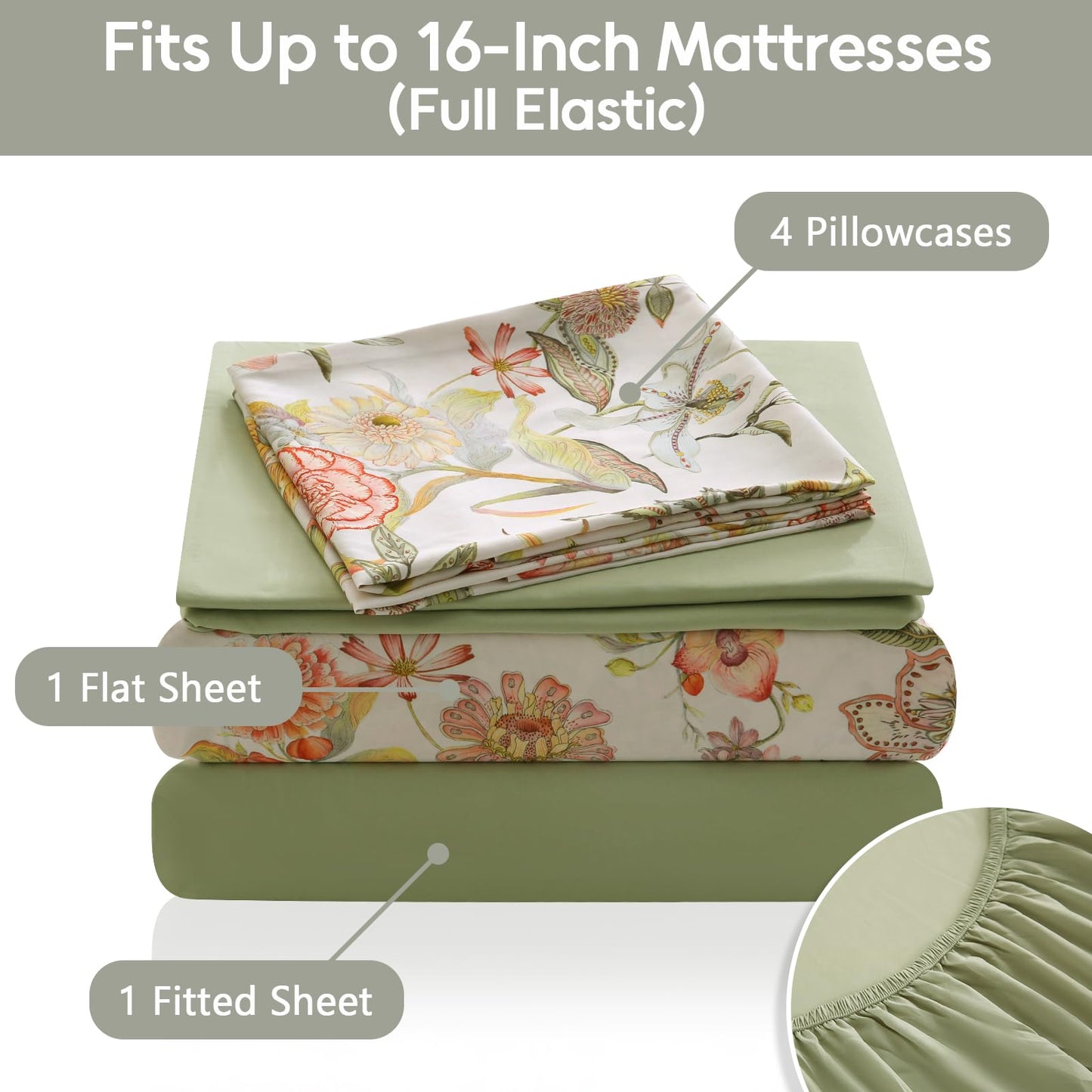 LONAVA Floral King Size 6 Pcs Sheet Set, Breathable Microfiber Deep Pocket Glass Green Fitted Sheets, Comfy & Breathable Patterned Flat Sheets,4 Gentle Soft Pillowcases, Fall Floral