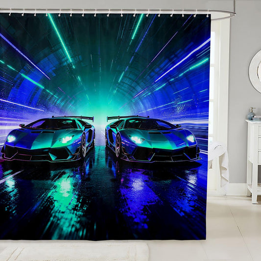 Feelyou Blue Racing Car Shower Curtain for Bathroom Decor Boys Sports Car Bath Curtain Racing Extreme Bathroom Accessories Speed Sports Waterproof Polyester Fabric for Stalls Bathtubs 72"x72"