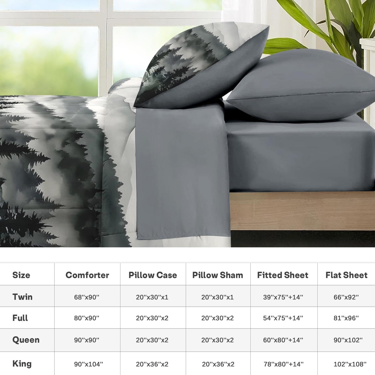 Nesker Comforter Set Full Size, Ink Forest 7 Pcs Bedding for Kids and Adults, Misty Mountains Bed Sheet Sets with Fitted Sheet 2 Pillowcases & 2 Shams