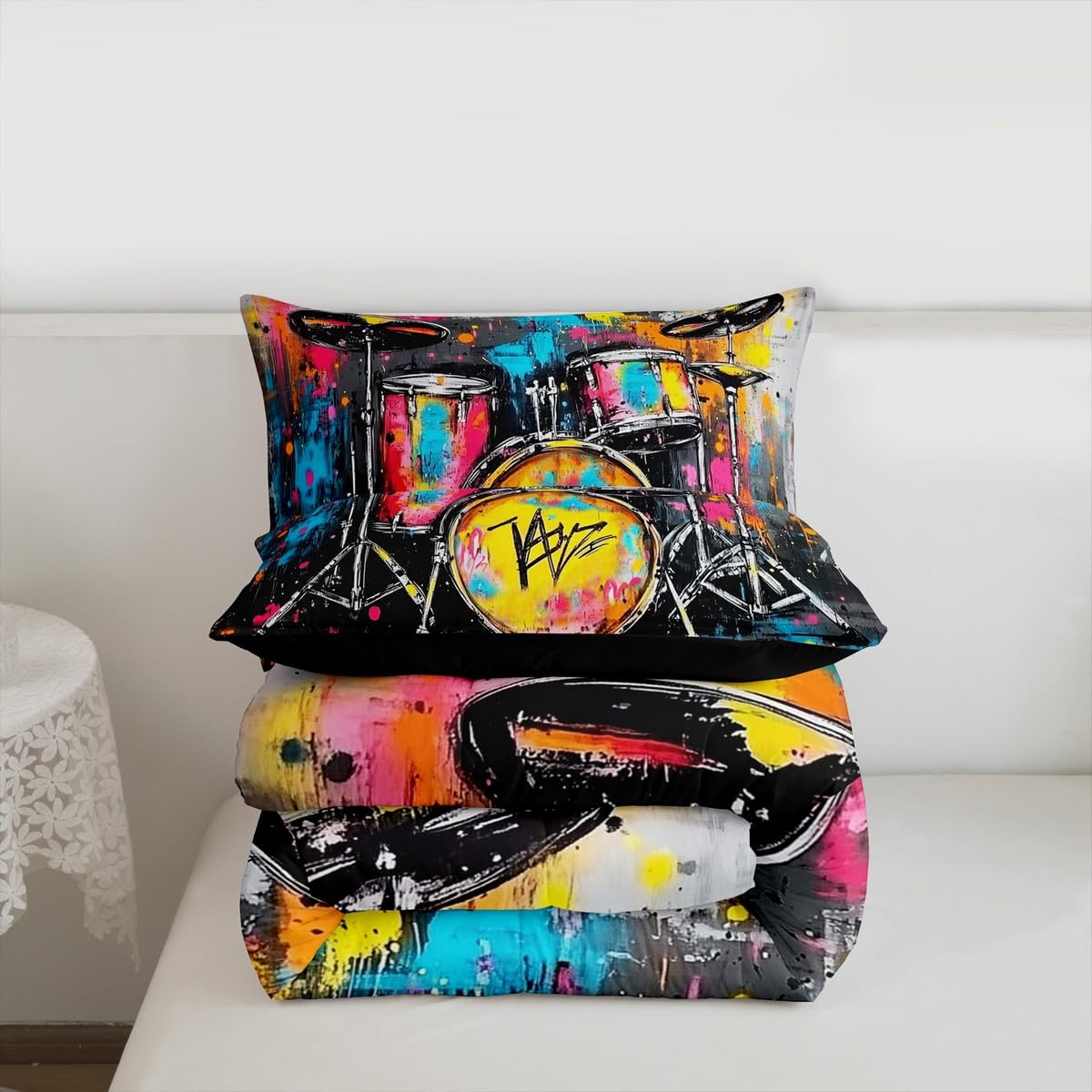 Erosebridal Rock Drum Kit Bedding Set Queen Graffiti Musical Instrument Comforter Set for Kids Boys Girls Music Theme Down Comforter,Rock Music Lovers Quilt Duvet