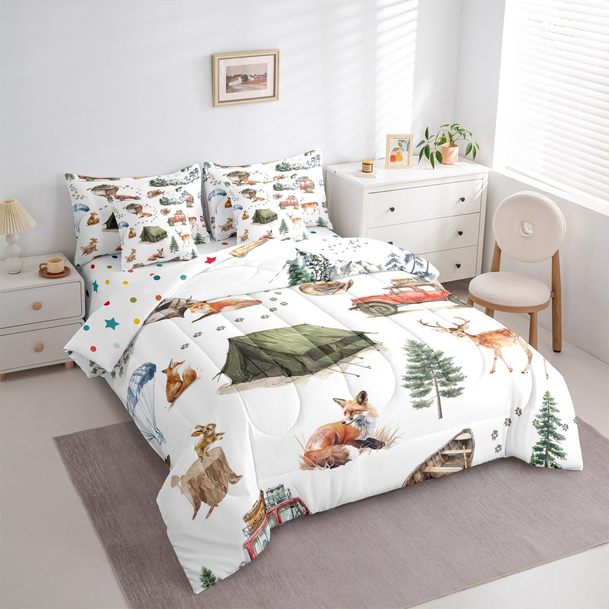 Erosebridal Wild Animal 7 Piece Comforter Set Twin Happy Camping Bed in A Bag Fox Deer Wildlife Woodland Animals Bedding Sets for Boys Girls Camper Car Western Cowboy Sheet Set with Comforter