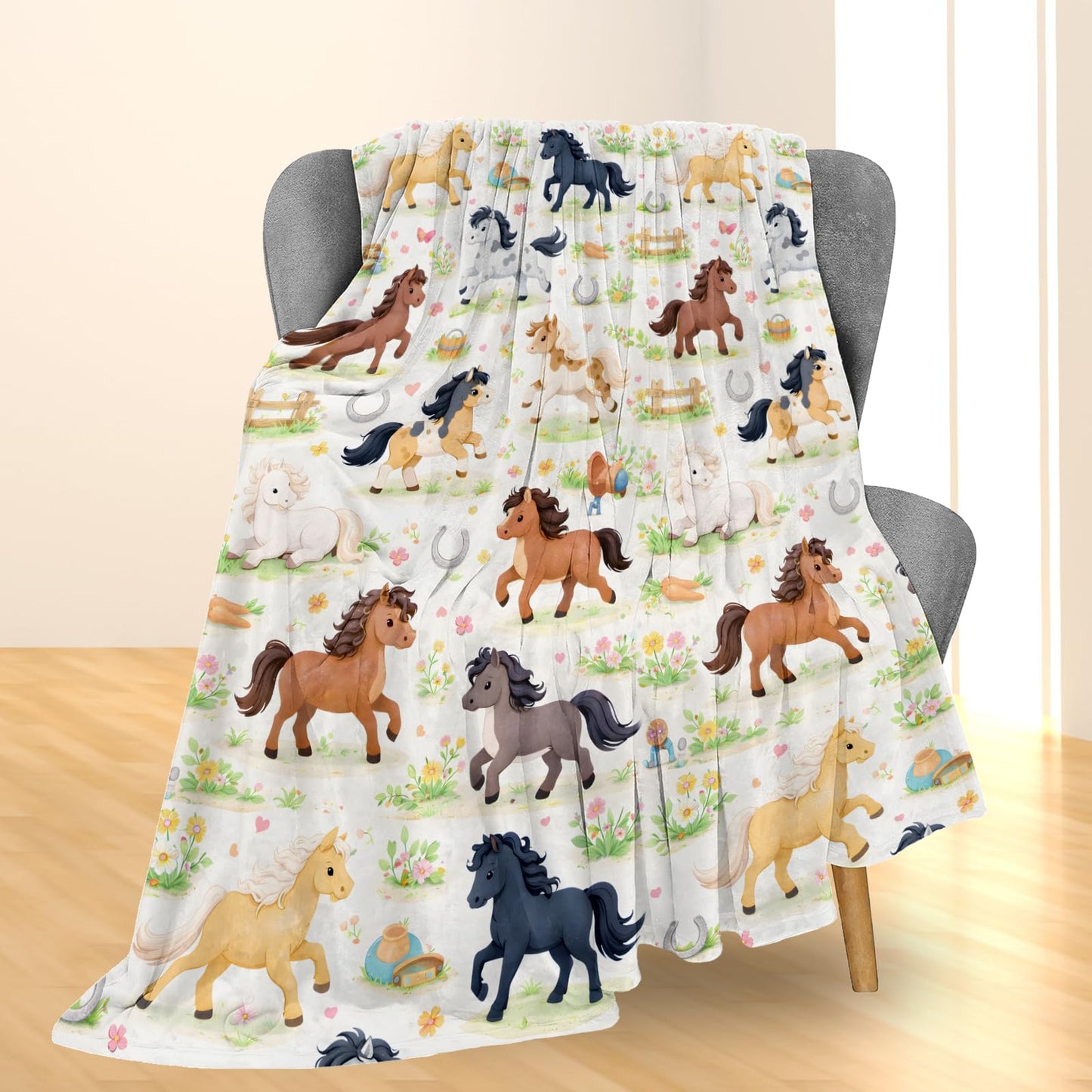 Ti Caldi Cute Horse Blanket Gifts, Flowers Horseshoes Flannel Throw Blanket for Couch, Bed, Travel & Home Decor, Cozy Lightweight Fuzzy Warm Adorable Pony Blankets for Women Girls Kids 60×50 in