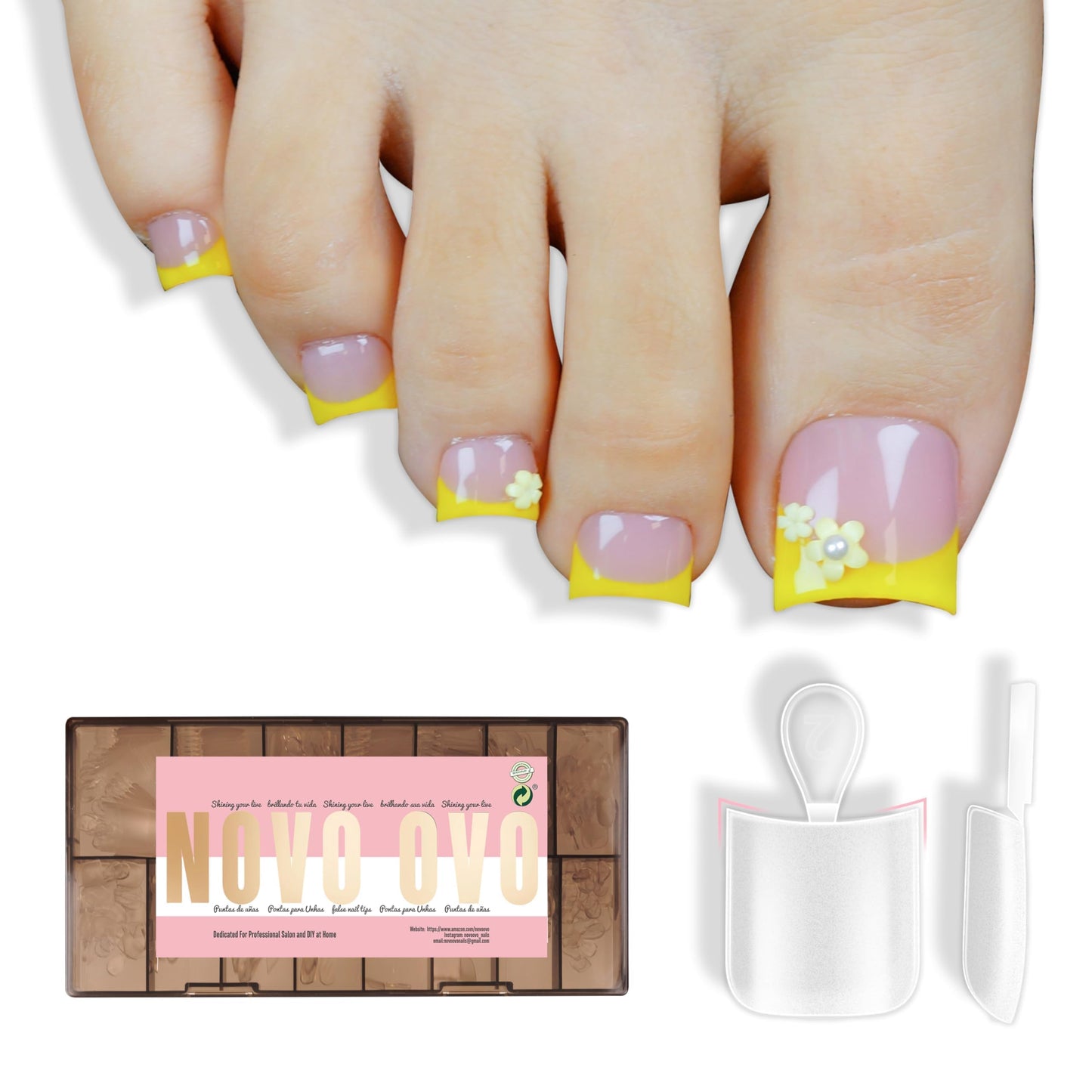 NOVO OVO Halloween Short Medium Toe Nail Tips with Moon Curve, Sharp Square Extra Thick Full cover Press on, Soft Gel False Toenail Extension Kit, Clear Matte Fake Nails DIY Pedicure x15 Sizes 330 Pcs