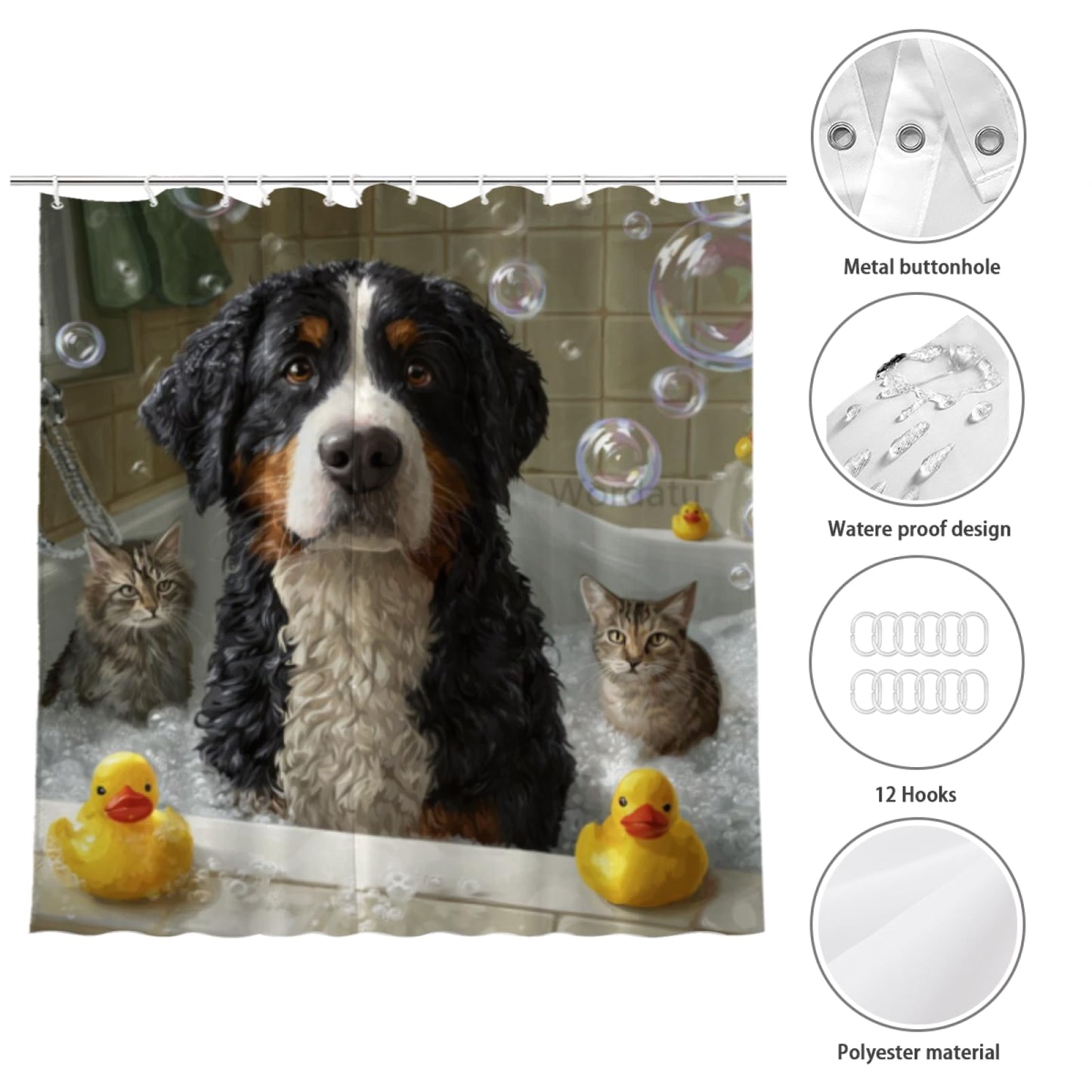 Wordatu Bernese Mountain Shower Curtain Bathroom Set 72X72 Inches Funny Cat Lovely Animals in Bathtub for Boys Bath Farmhouse Art Home Decor Fabric 12 Hooks