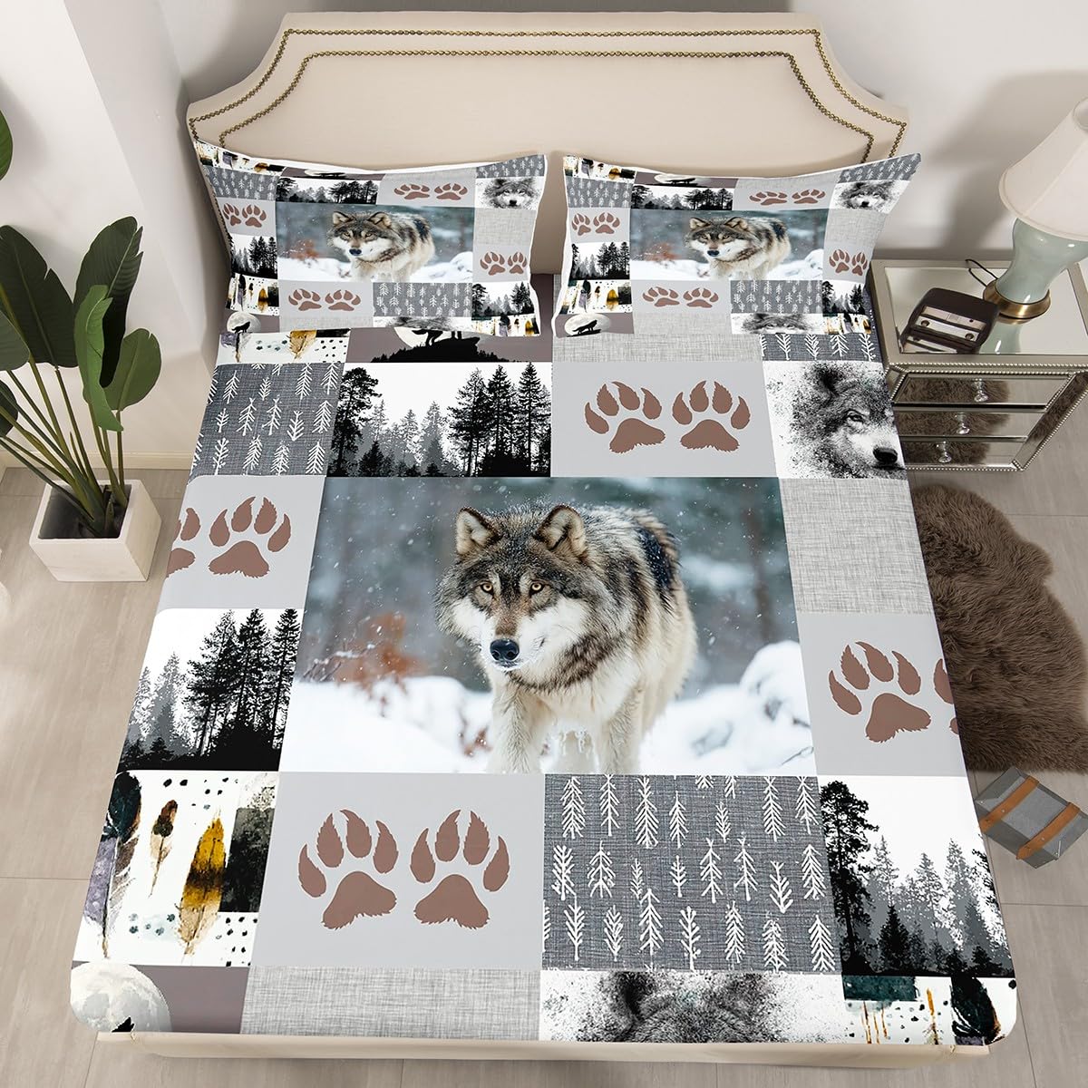 Manfei Wolf Kids Fitted Sheet Queen Size,Wolf Paws Print Pine Trees Wild Adventure Bedding Set,Boys Girls Adults Room Decor,Geometric Plaids Patchwork Bed Cover,Rustic Bed Sheet,2 Pillowcases