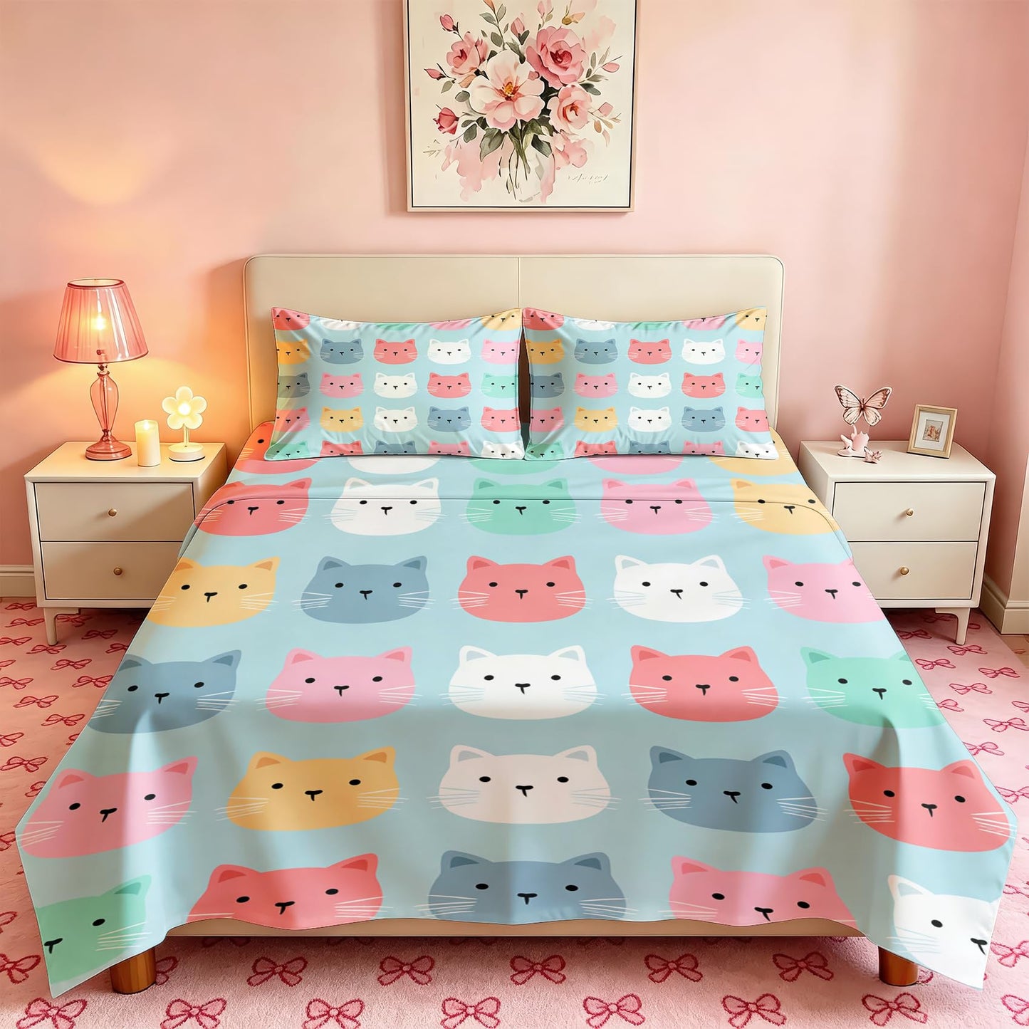 Cute Cat Sheet Set, 4 Pcs Queen Size Girls Kitten Bed Sheets