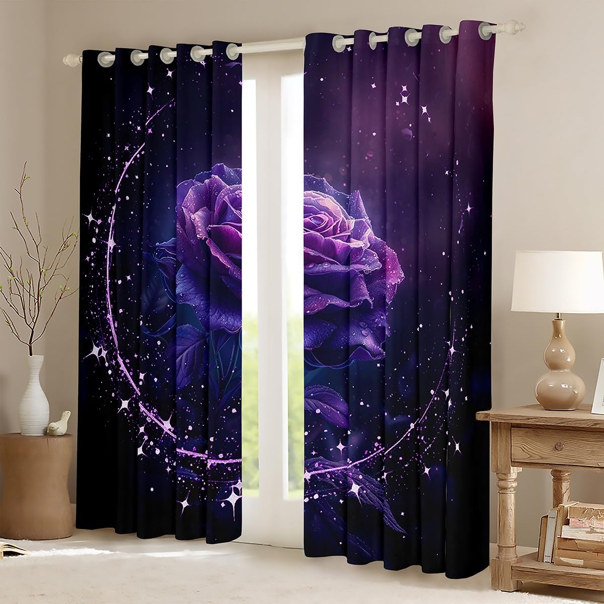 Erosebridal Black and Purple Rose Curtains,Romantic Purple Floral Curtains Blackout for Couples Bedroom,Funky Flower Curtains Valentines Gifts Modern Flowers Window Curtains 2 Panels 42" Wx63 L