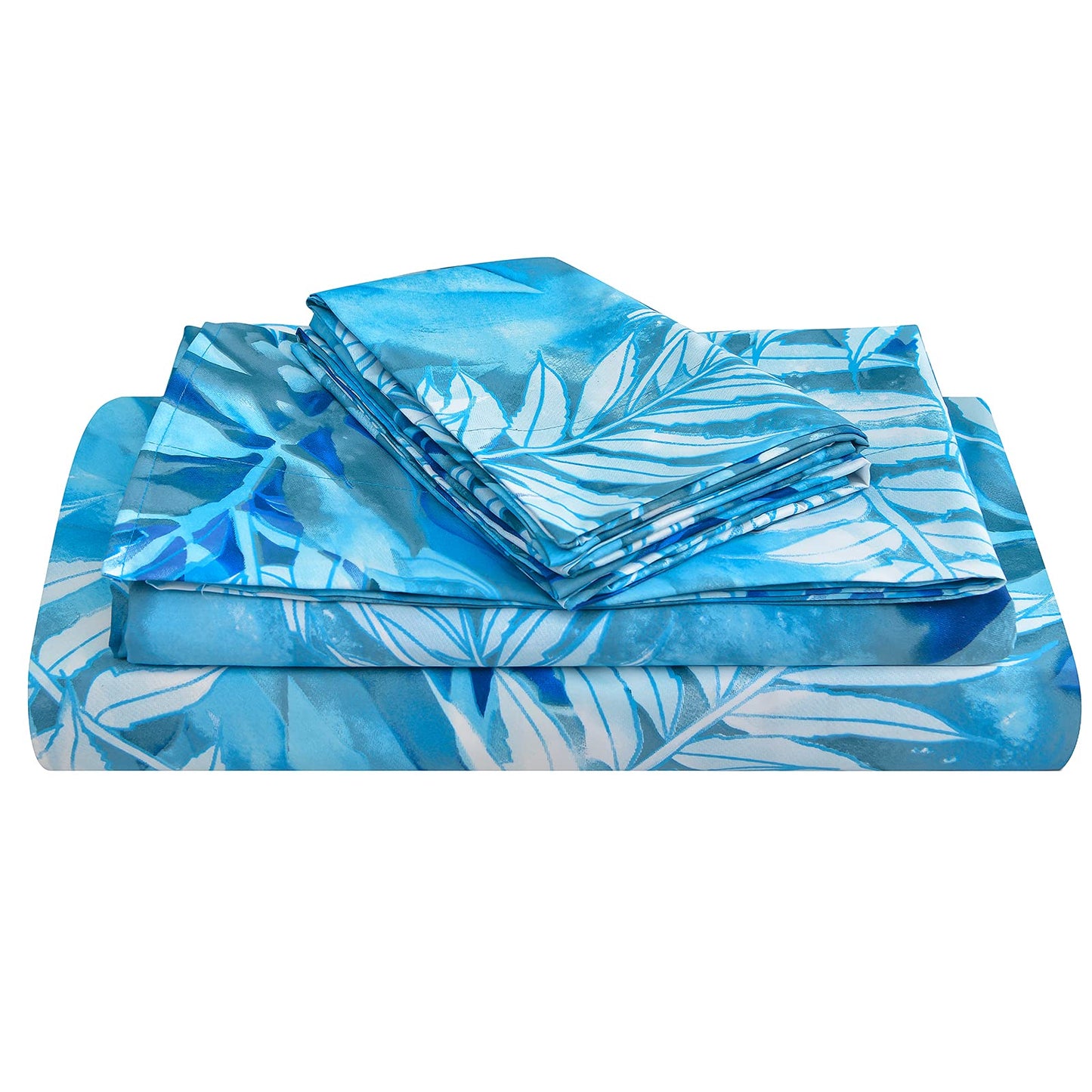 JSD Teal Blue Tropical Leaves Sheet Set Full Size, 4 Piece Printed Microfiber Sheets Extra Deep Pocket Wrinkle Free