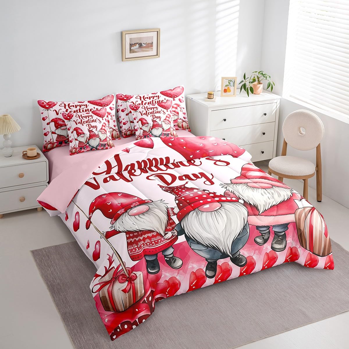 Erosebridal Valentine Day Gnomes Queen 7 Piece Comforter Set - Cute Gnome Bedding Set with Fitted + Flat Sheet, Pink Romantic Love Bed in a Bag for Kids Girls Women Valentines Bedroom Decor