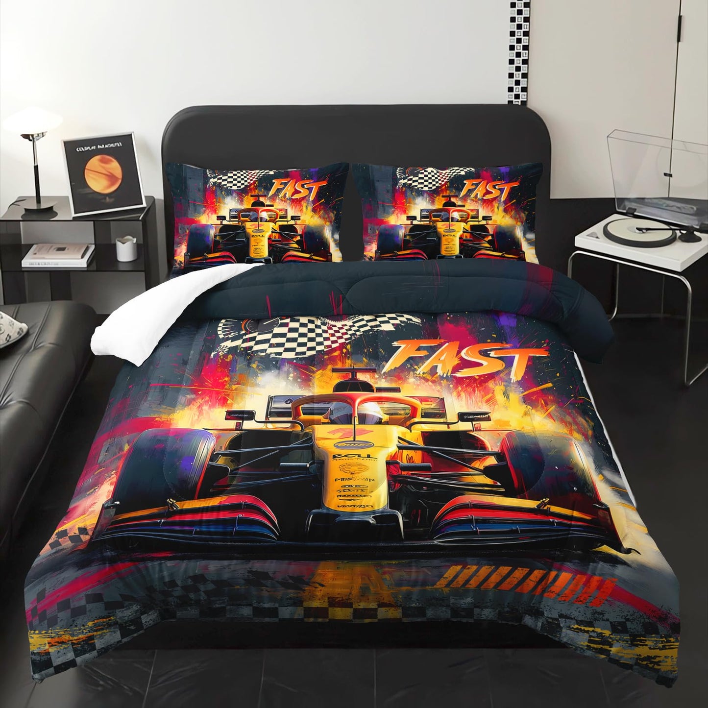 lneffble F1 Race Car Comforter Set Full for Boys，Boys Full Size Bedding Set Race Car，with 1 Comforter with 2 Pillow Case，F1 Race Car Themed Bedroom Decor