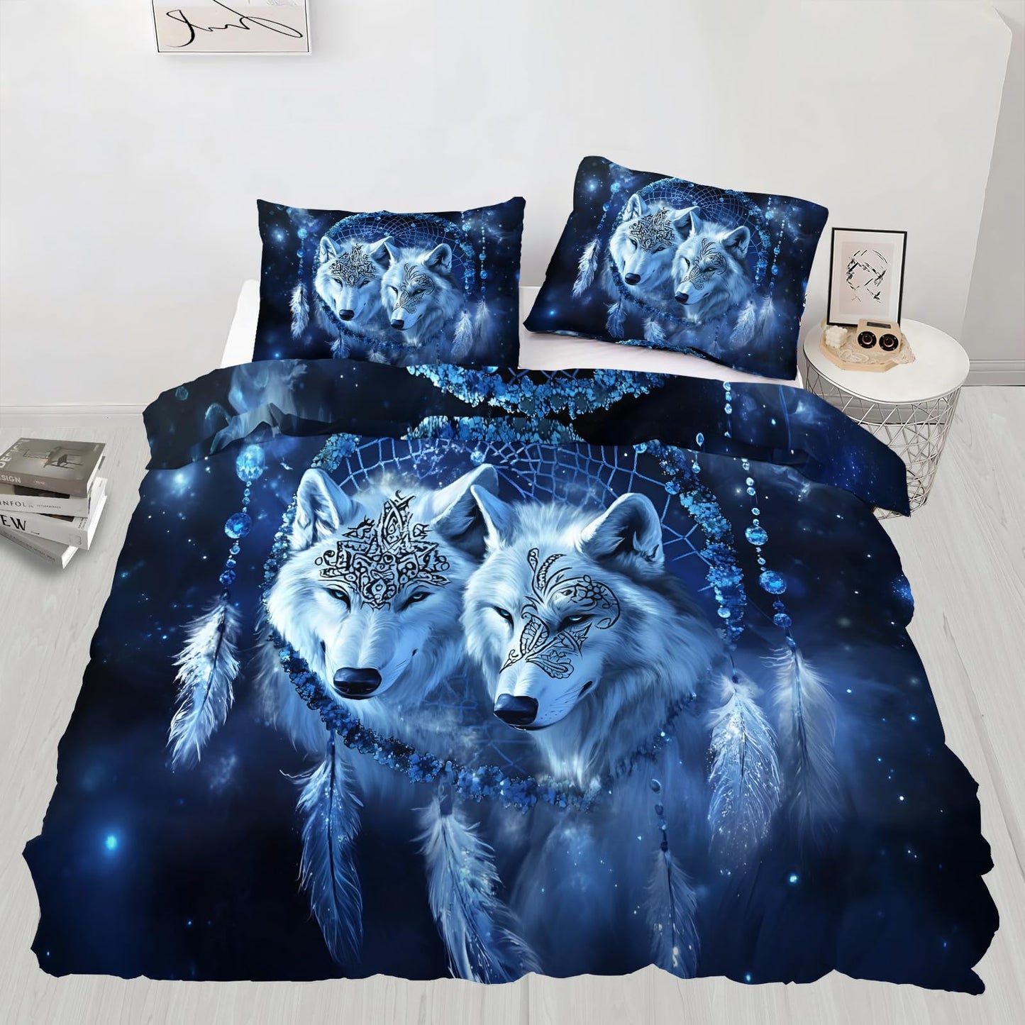 PAISUOQ Wolf Print Bedding, Mystical Wolf Duvet Cover Full, Blue Animals Comforter Cover with Zipper Ties, 3 Pieces with 2 Pillowcases, Home Decor & Gifts