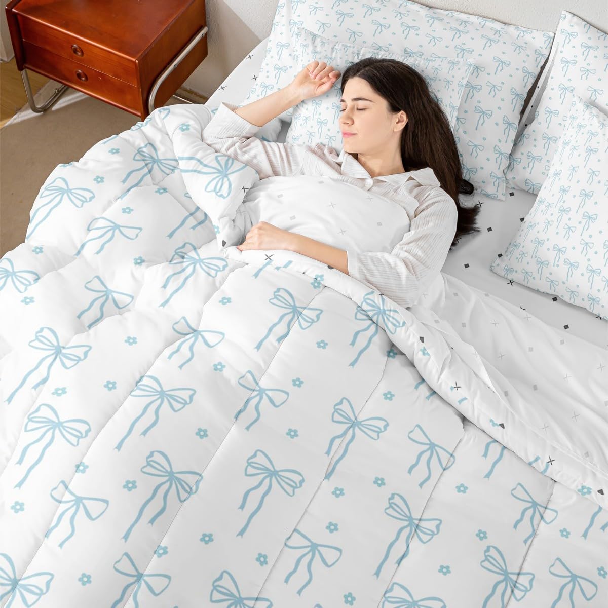 Castle Fairy Blue Bow Comforter Sets - 7 Pieces Full Size,Bow Print All Season Reversible Bed in a Bag Flower Floral Bedding Set Princess Flat Sheet,Fitted Sheet,Pillowcases