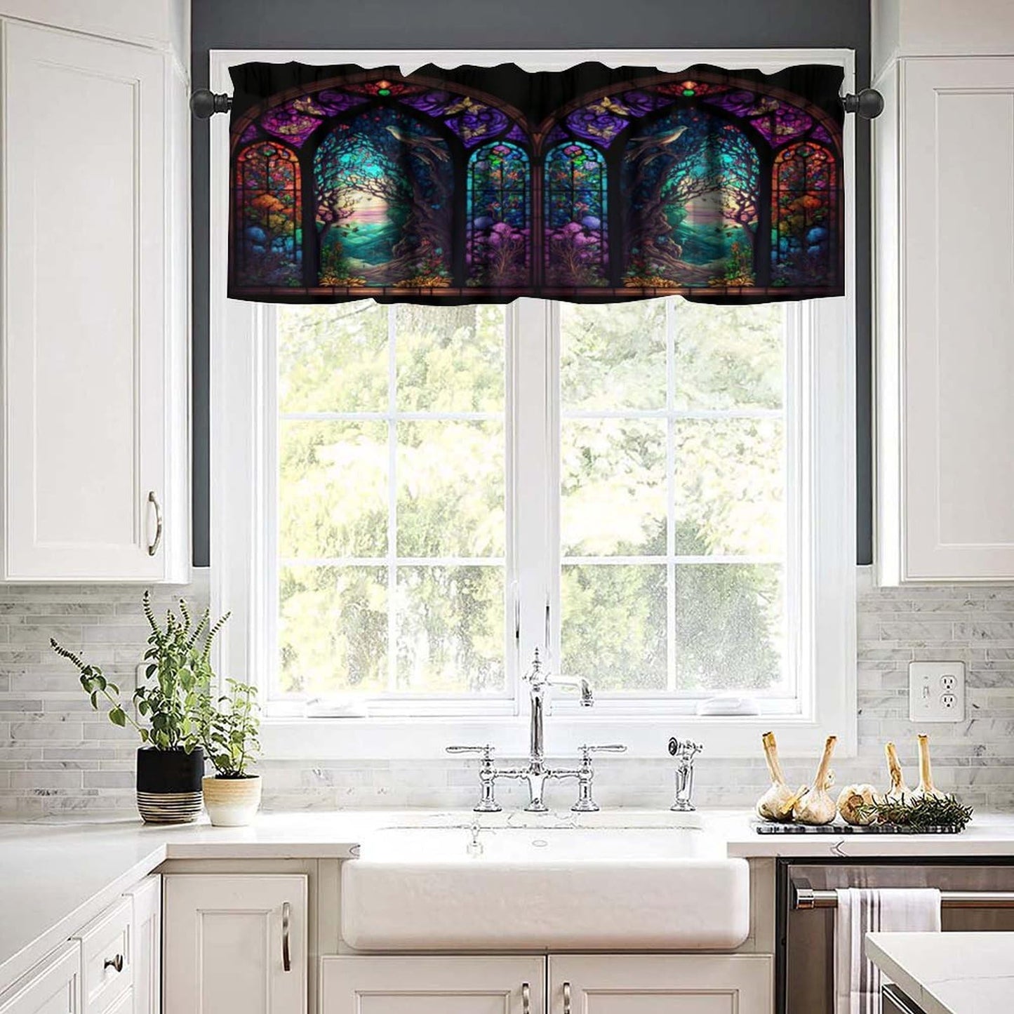 Stained Glass Blackout Window Valance Curtain, Autumn Forest Mosaic Art Beautiful Nature Scenery Stained Glass for Home Kitchen Livingroom Coffee Room Window Valance 1 Panel 54x18inch