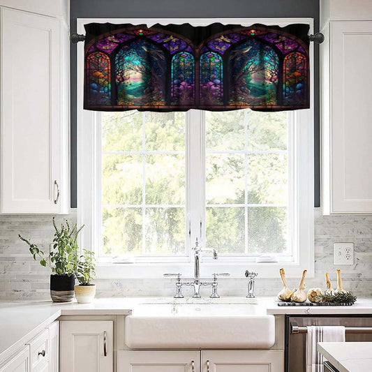 Stained Glass Blackout Window Valance Curtain, Autumn Forest Mosaic Art Beautiful Nature Scenery Stained Glass for Home Kitchen Livingroom Coffee Room Window Valance 1 Panel 54x18inch
