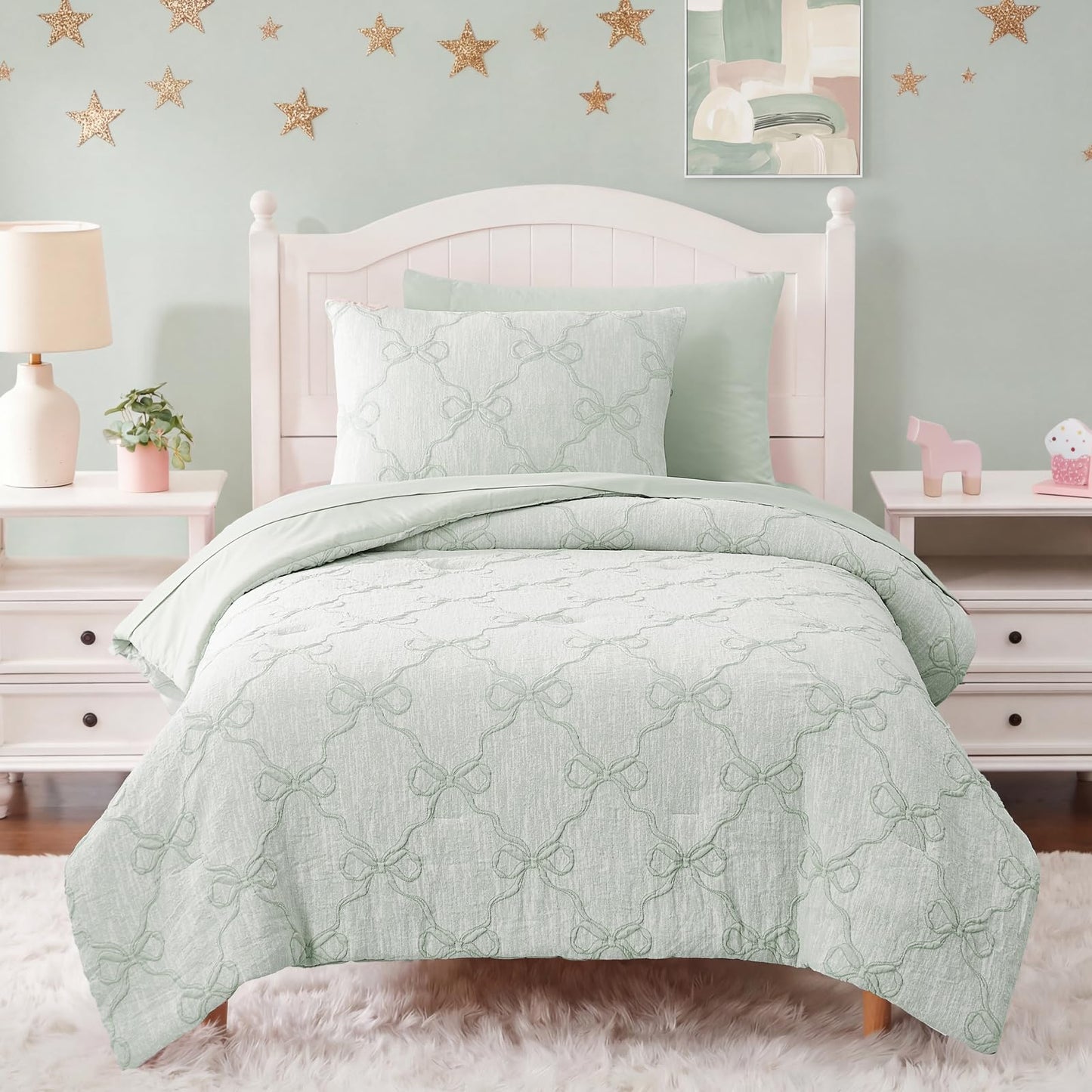 Wink Deer Twin Comforter Set with Sheets for Girls-5 Pieces Twin Bedding Sets with Light Green Comforter, Sheets, Pillowcase & Sham for Kids (Green Diamond, 66" X 86")