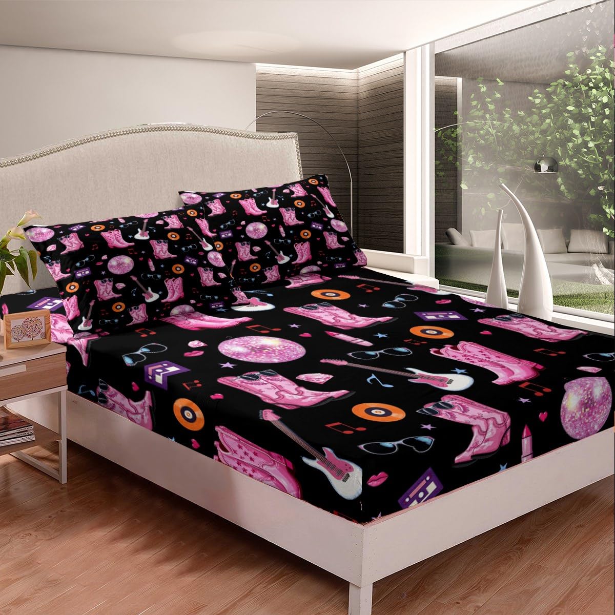 Erosebridal Music Gift Bed Sheets Set for Women Girls King Cowgirl Music Theme Sheet Set Western Horseshoe Guitar Disco Ball Sheets Black Flat Fitted Sheet 4 Pcs for Music Lover Fans