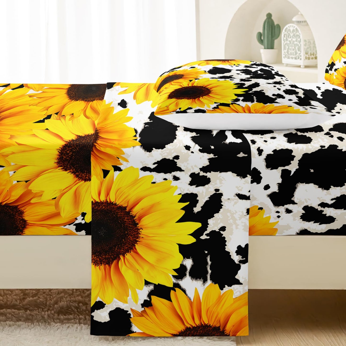 QOOMO Sunflower Sheets Queen Size Cow Print Bedding for Boys and Girls Animal Super Soft Kids Bedding Set Breathable Room Decoration 1 Fitted Sheet, 1 Flat Sheet, 2 Pillow Cases