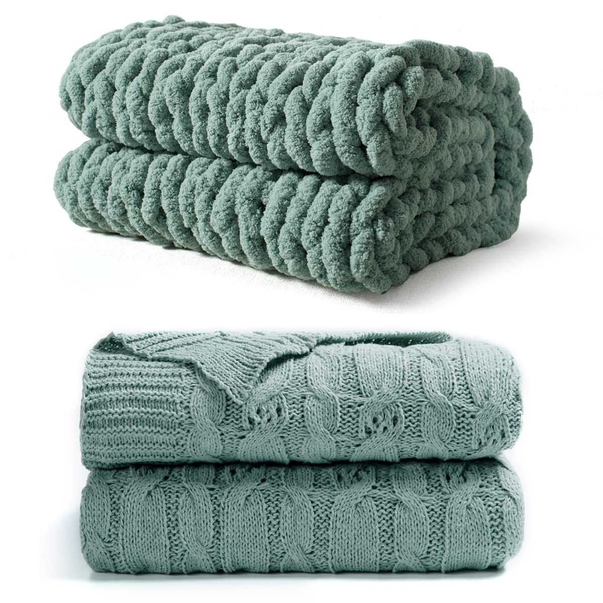 Carriediosa Chunky Knit Throw Blanket & Cable Knit Throw Blanket， 50" X 60" Sage Green