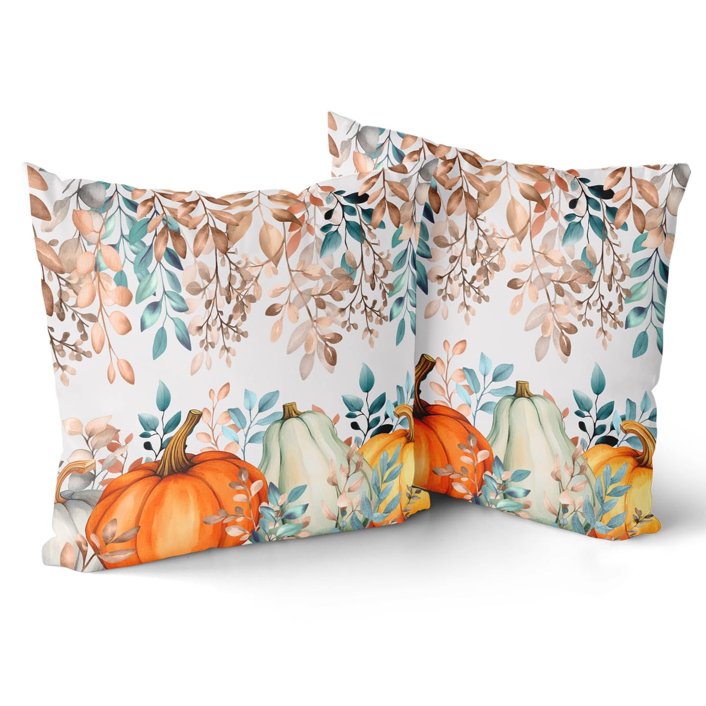 Giwawa Fall Pumpkin Pillow Covers 18x18 Inch Teal Orange Autumn Leaves Throw Pillow Case Decorative Thanksgiving Cushion Cover for Home Couch Sofa Farmhouse, Set of 2