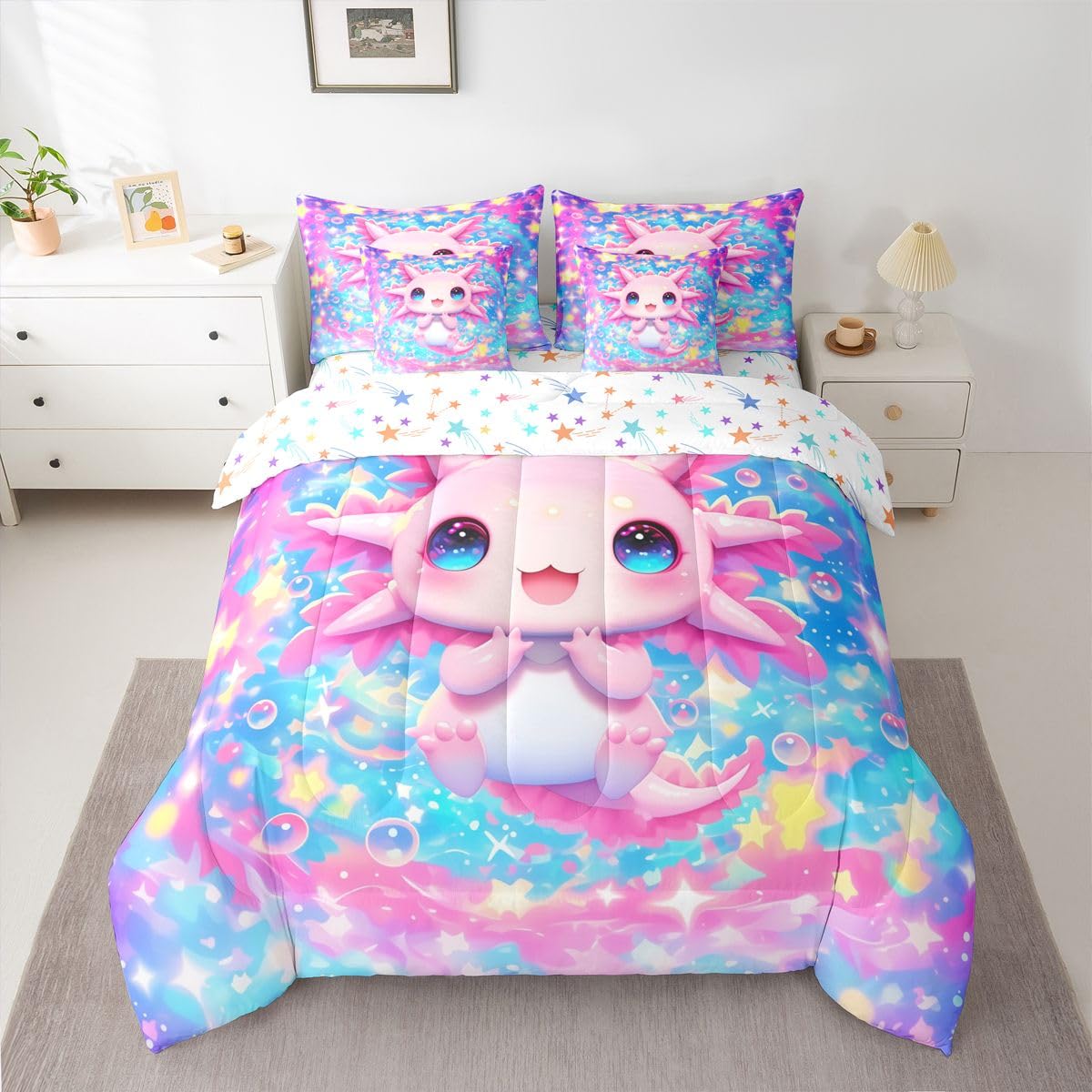 Kids Cute Axolotl Queen Bedding Set for Girls Teens Pink Axolotl Comforter Set with Flat and Fitted Sheet Dreamy Princess Rainbow Galaxy 7-Piece Bed in a Bag Cartoon Bubble Stars Sky Quilt Sets