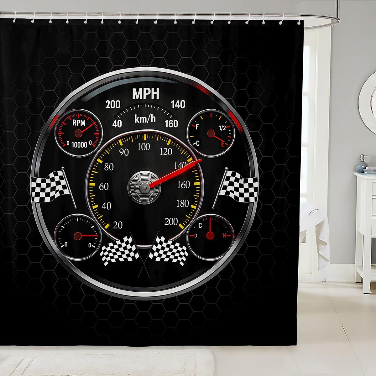 Feelyou Speed Sports Car Shower Curtain for Bathroom Decor Steering Wheel Bath Curtain for Stalls Bathtubs Racing Bathroom Accessories Extreme Sports Waterproof Polyester Fabric with 12 Hooks 72"x72"