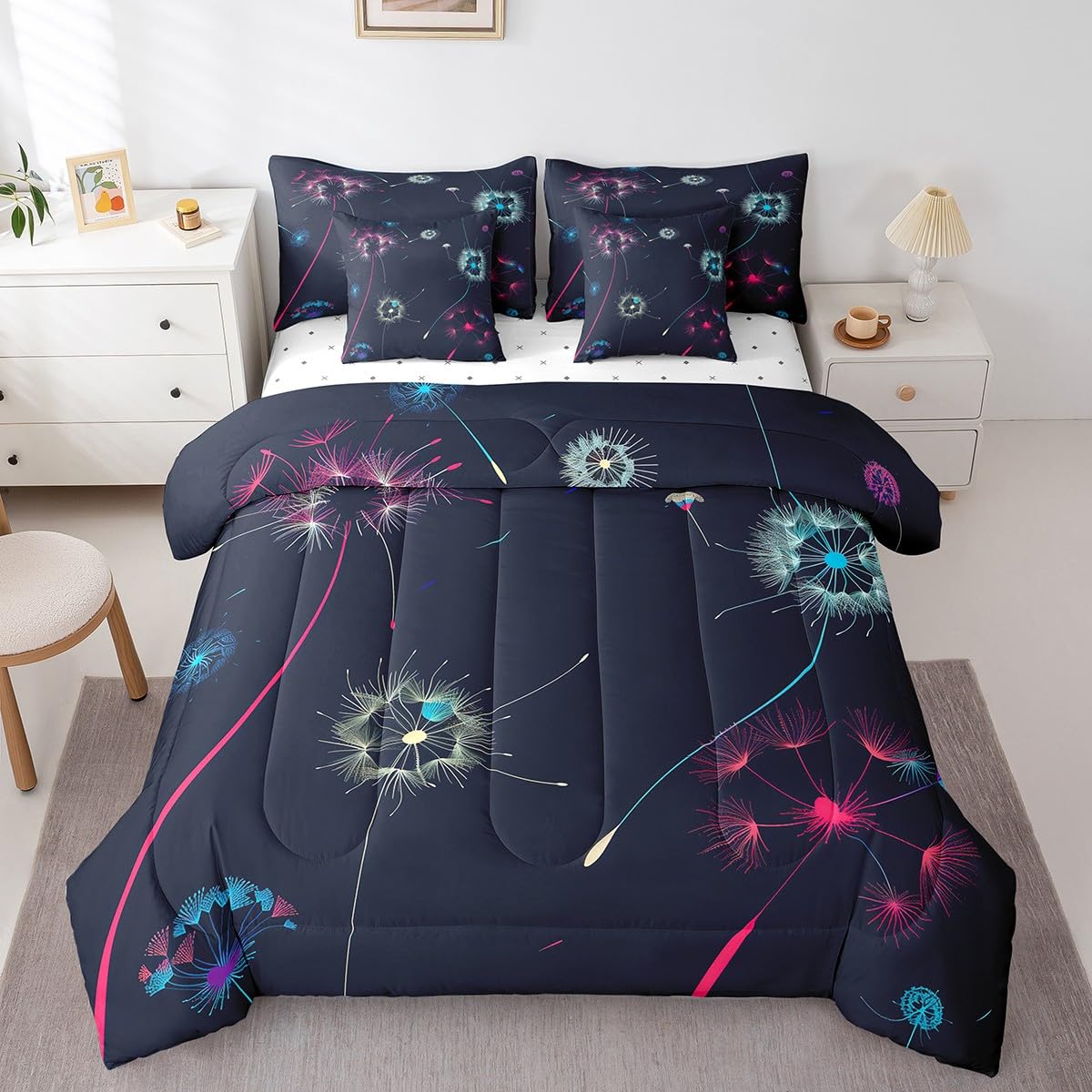 Erosebridal Dandelion Quilt with Flat Fitted Sheet Colorful Dandelion Bed in A Bag 7 Piece Twin Fantasy Flying Fluffy Petals Plant Comforter Set Rustic Farmhouse Floral Bedding Sets