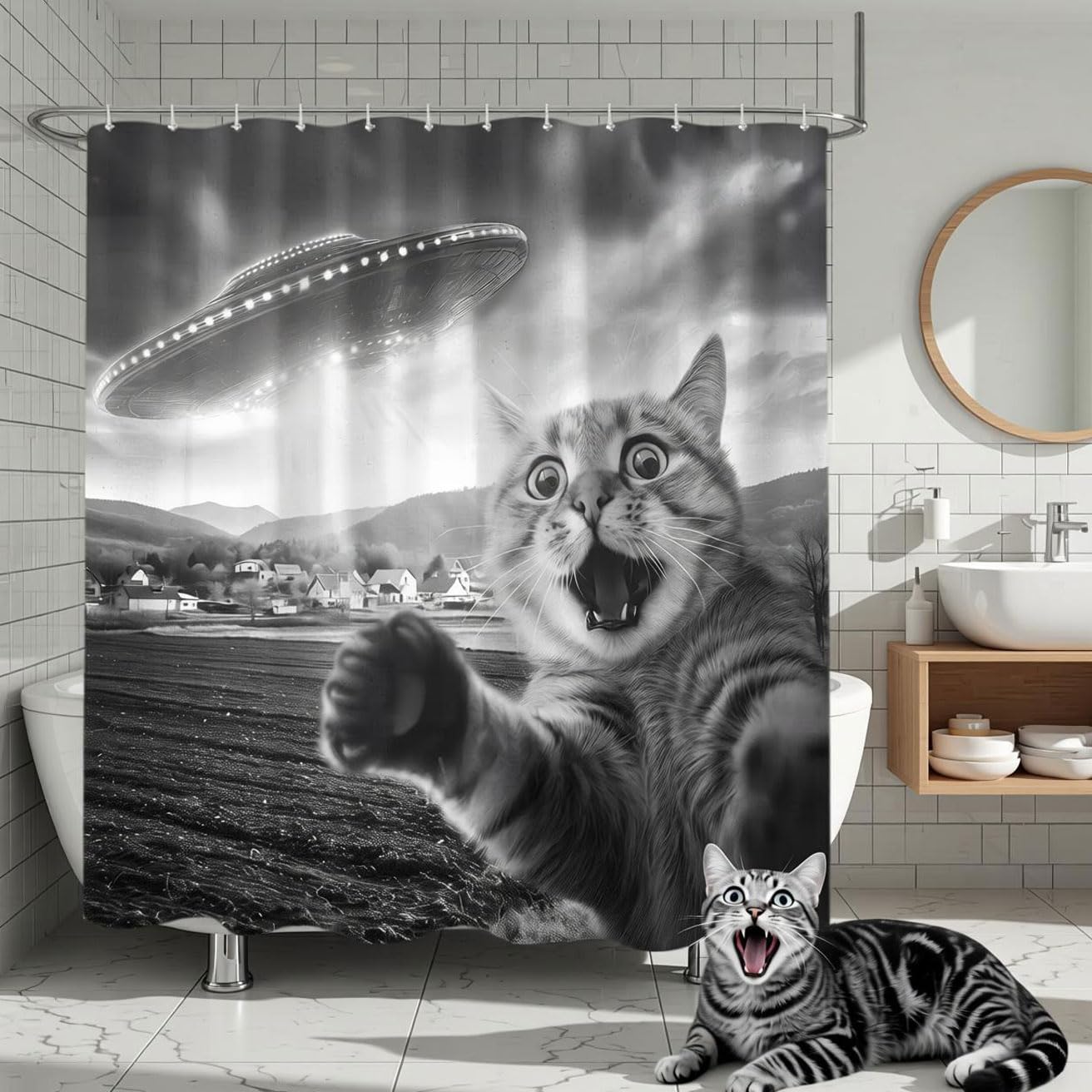 Bonriva Funny Cat Black and White Shower Curtain, Fun Animal Cool Novelty UFO Unique Retro Fabric Decorative Shower Curtains Set for Teen Boys Men Bathroom Bath Decor with Hooks 72 X 72 Inch