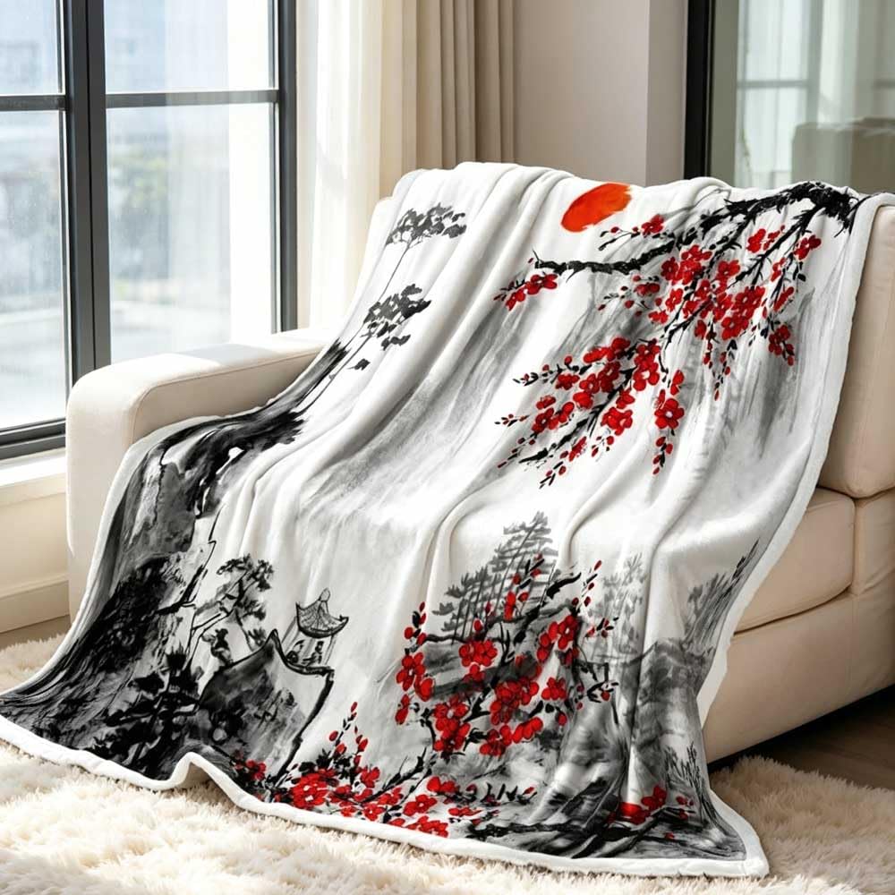 Japanese Blanket, Japanese Cherry Blossom Anime Blanket, Asian Ink Painting Asian Blankets, Red Plum Blossom & Mountain Landscape Soft Cozy Blankets for Couch, Bed, Office, Home Decor, 50X60 inch