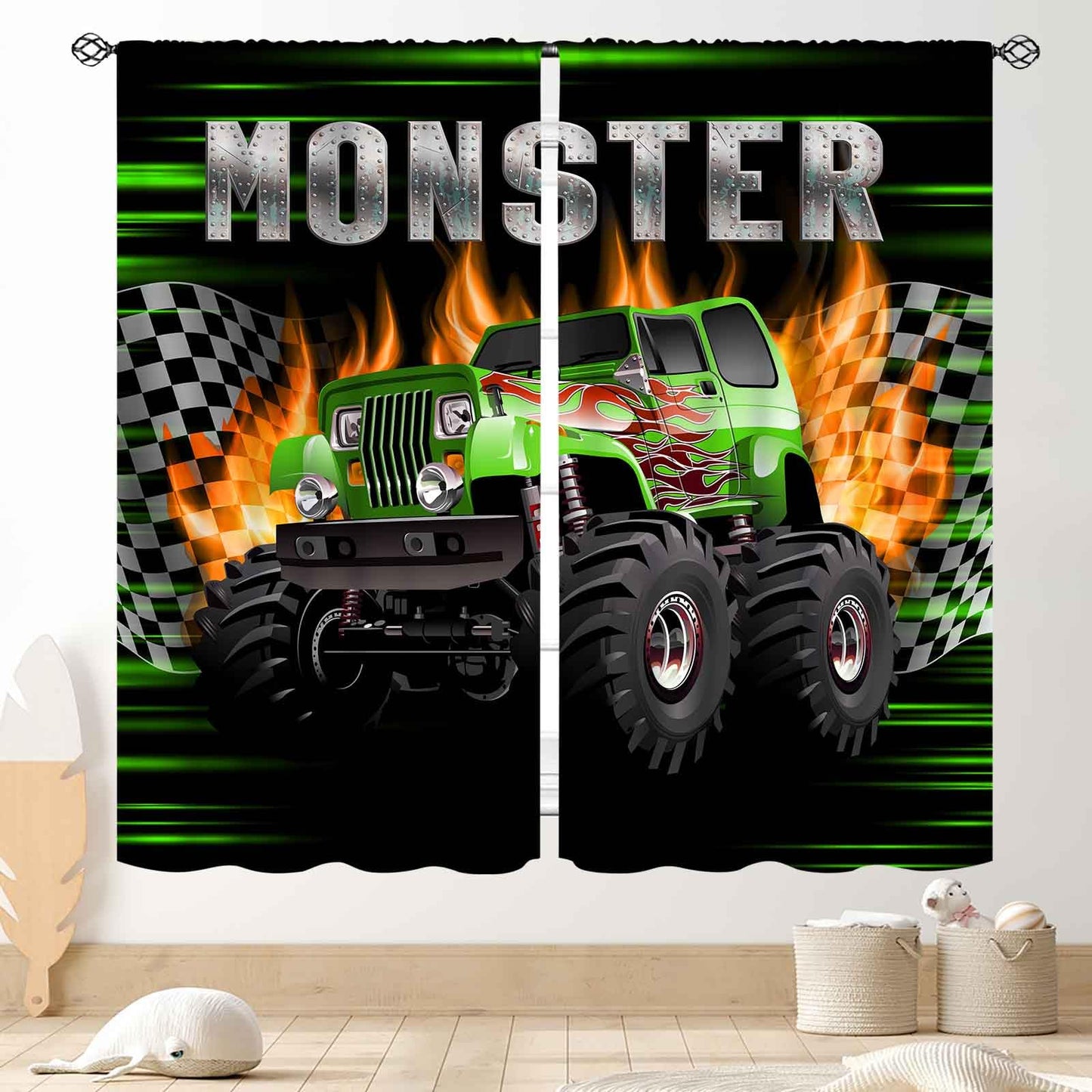 Truck Curtains for Boys Room, Burning Flame Tractor Truck Car Cool Monster Checkered Racing Flag Window Drapery Treatments for Boys Kids Bedroom Living Room Playroom Nursery 2 Panels, 42"x45" Inch