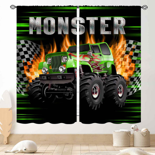 Truck Curtains for Boys Room, Burning Flame Tractor Truck Car Cool Monster Checkered Racing Flag Window Drapery Treatments for Boys Kids Bedroom Living Room Playroom Nursery 2 Panels, 42"x45" Inch