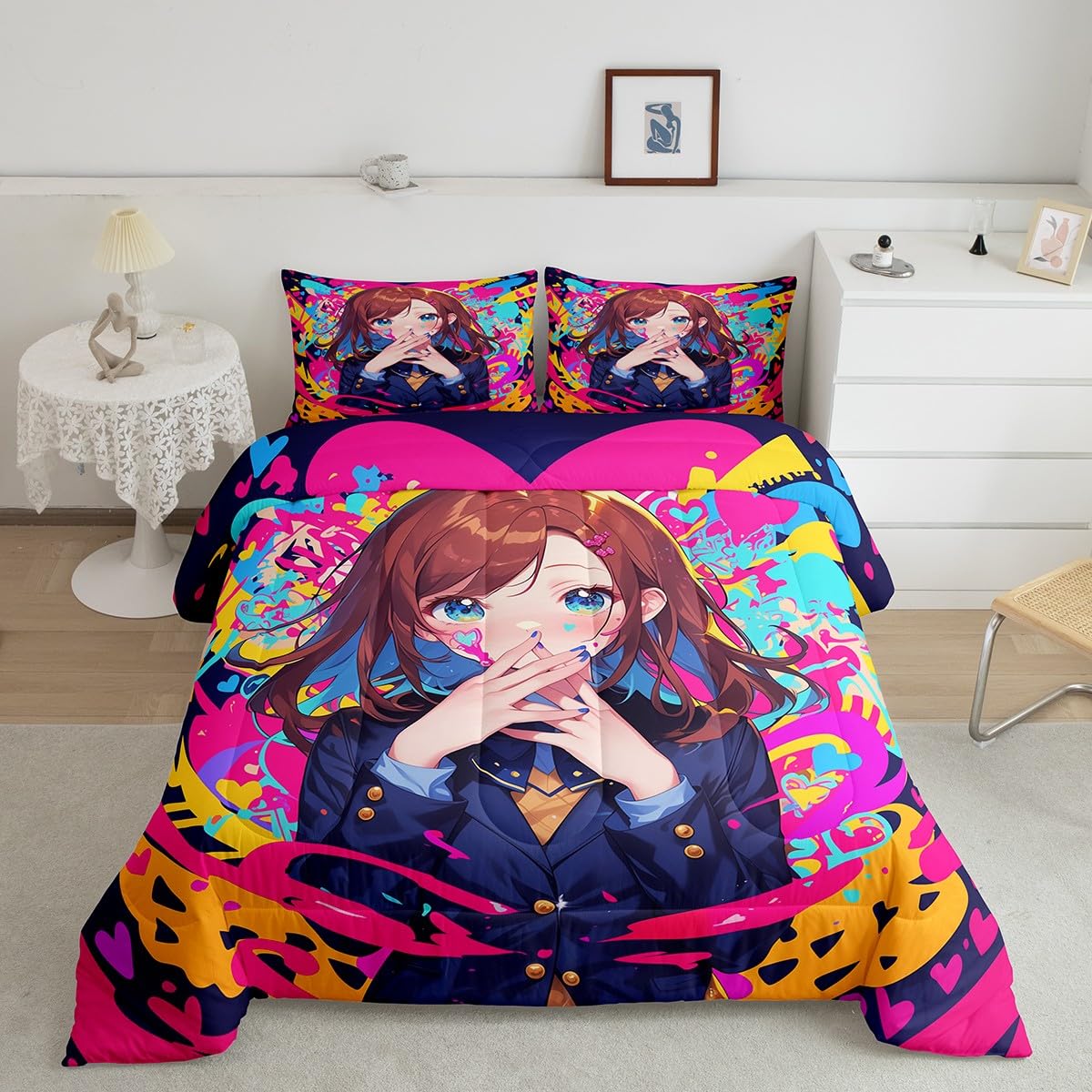 Erosebridal Anime Girl Twin Bedding Set, Japanese Anime Comforter Set 3 Piece for Kids Girls Teens Adult Bedroom Decor, Cartoon Girl Quilt Kawaii Japanese Animation Bedding Comforter Sets